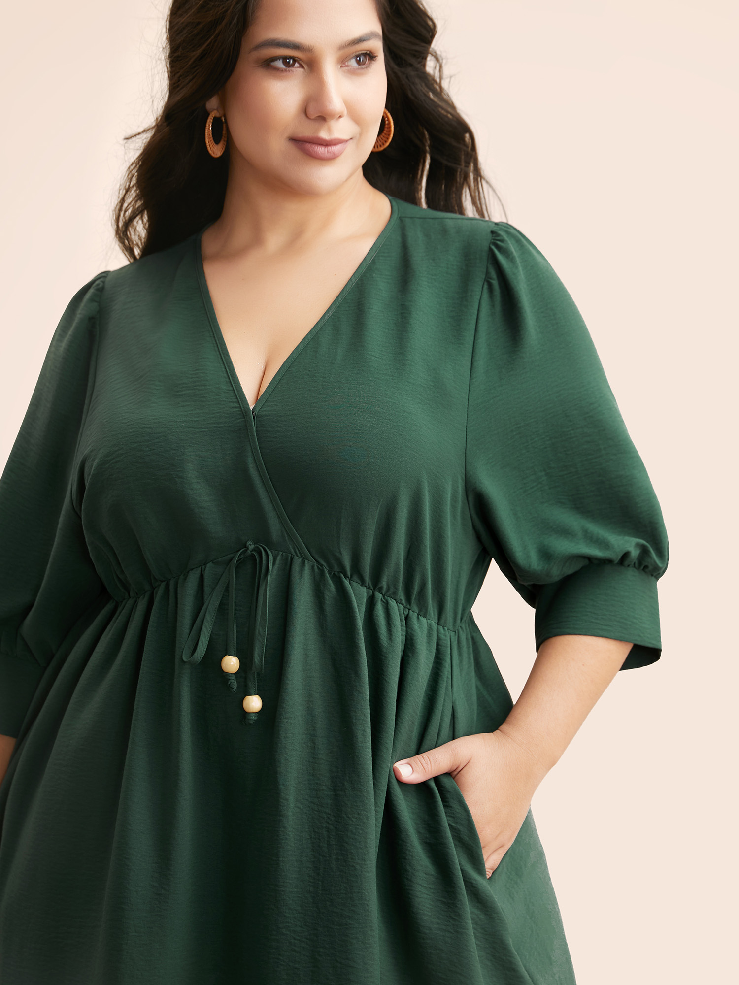 

Plus Size V Neck Tie Knot Slit Hem Midi Dress DarkGreen Women Resort Tie knot Overlap Collar Elbow-length sleeve Curvy BloomChic