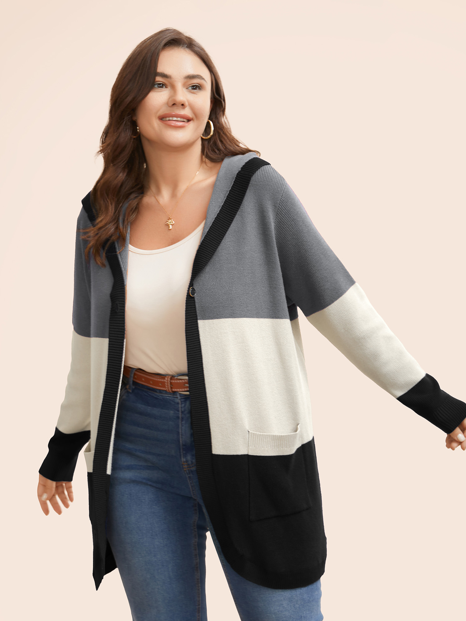 

Plus Size Colorblock Contrast Patched Pocket Hooded Cardigan Mediumgray Women Casual Loose Long Sleeve Everyday Cardigans BloomChic