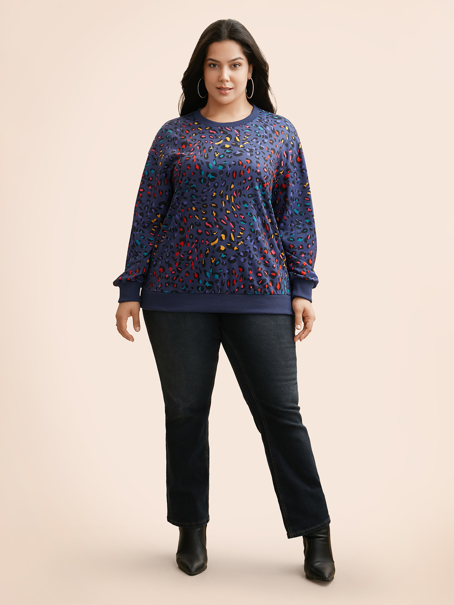 Plus Size Round Neck Color Leopard Print Sweatshirt Women Indigo Casual Contrast Round Neck Everyday Sweatshirts BloomChic 14-16/1X 