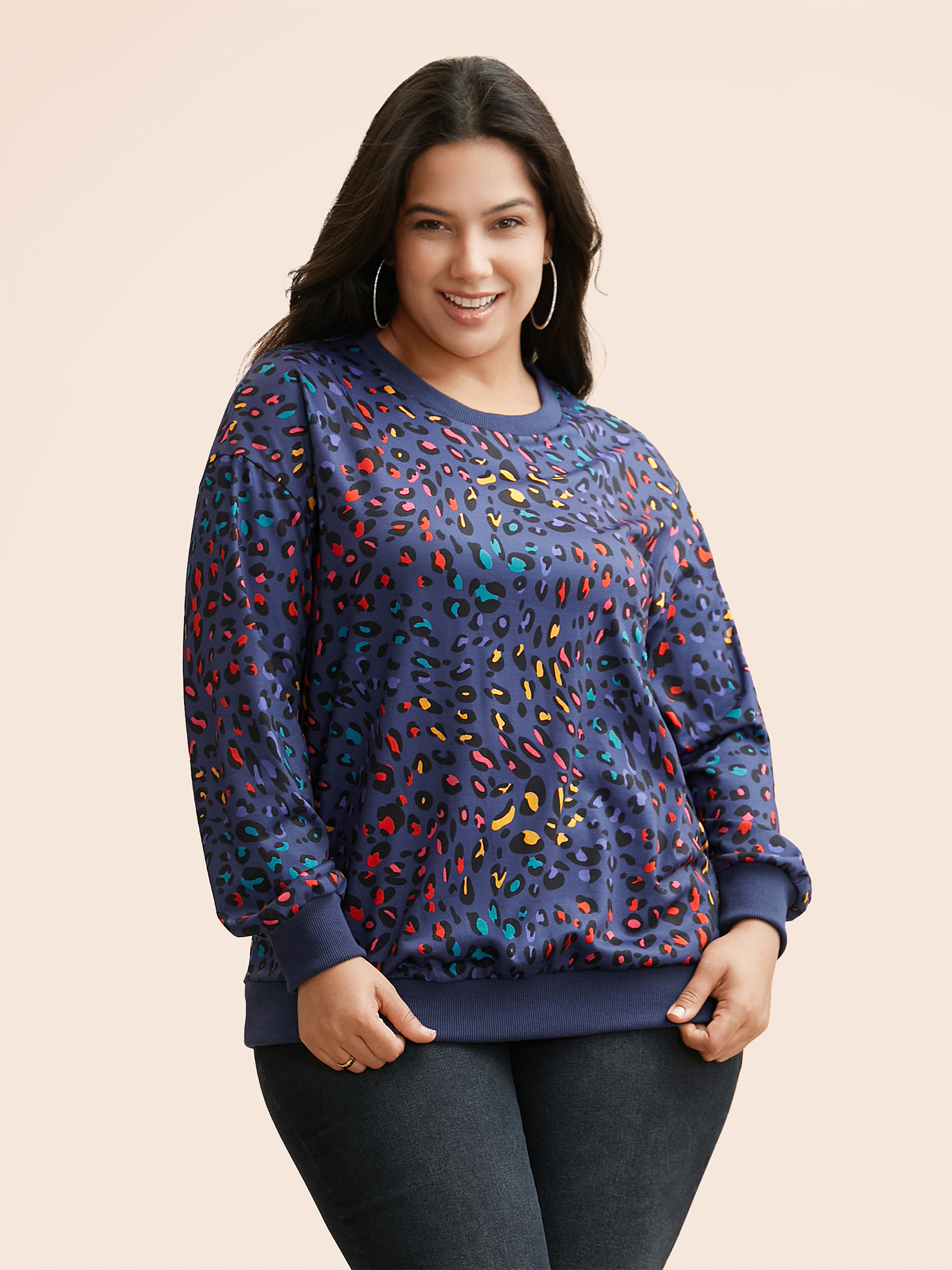 Plus Size Round Neck Color Leopard Print Sweatshirt Women Indigo Casual Contrast Round Neck Everyday Sweatshirts BloomChic 14-16/1X 
