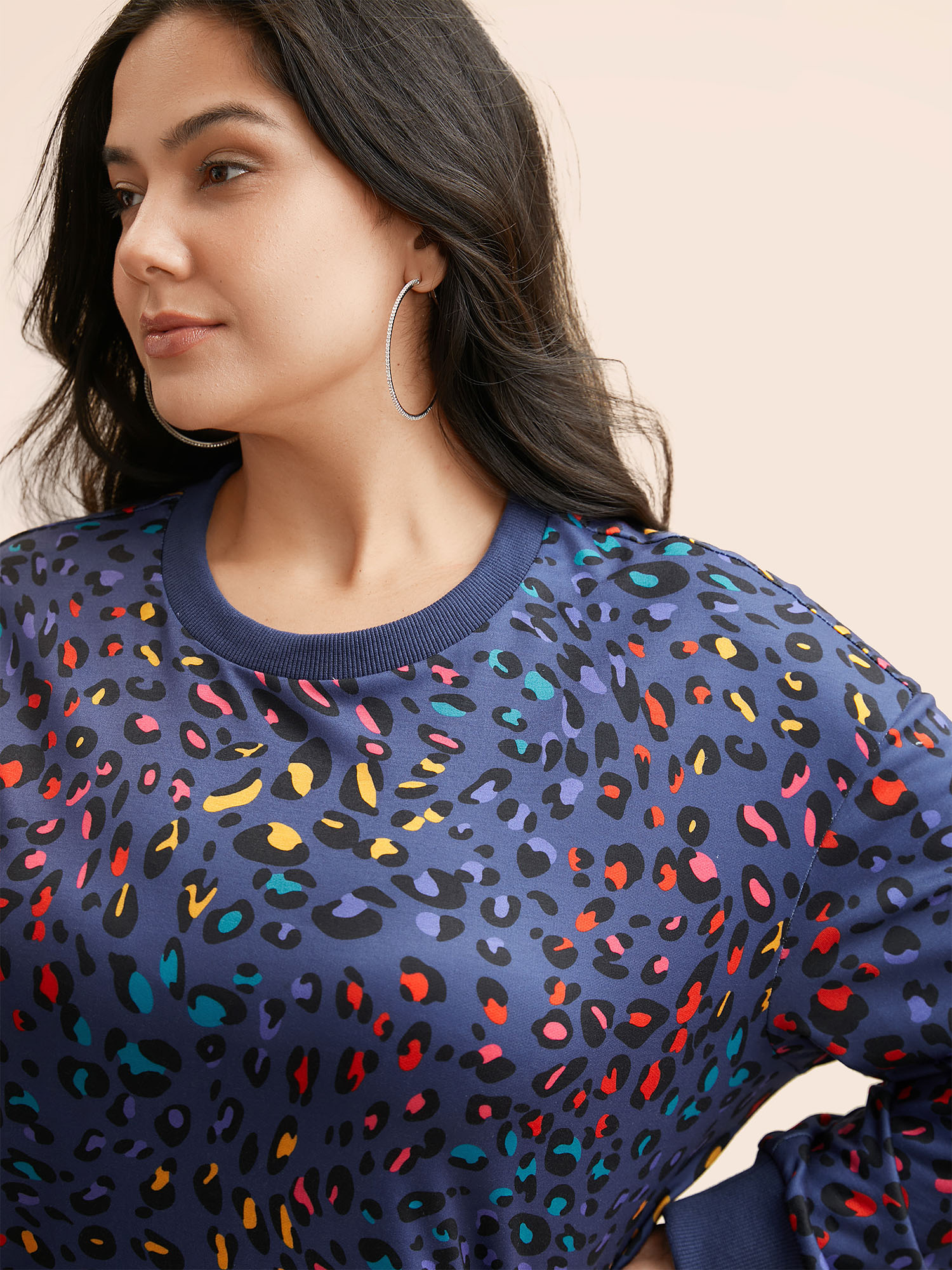 Plus Size Round Neck Color Leopard Print Sweatshirt Women Indigo Casual Contrast Round Neck Everyday Sweatshirts BloomChic 14-16/1X 