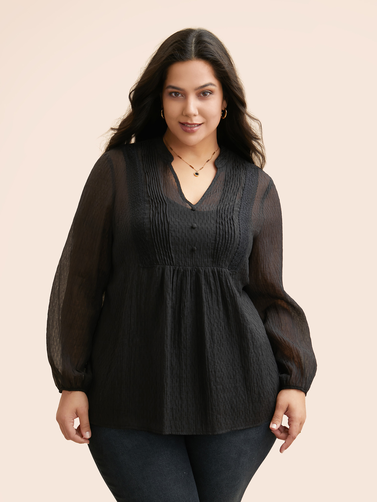 Plus Size Black Textured Lace Panel Pleated Blouse Women Elegant Long Sleeve V-neck Everyday Blouses BloomChic 18-20/2X 