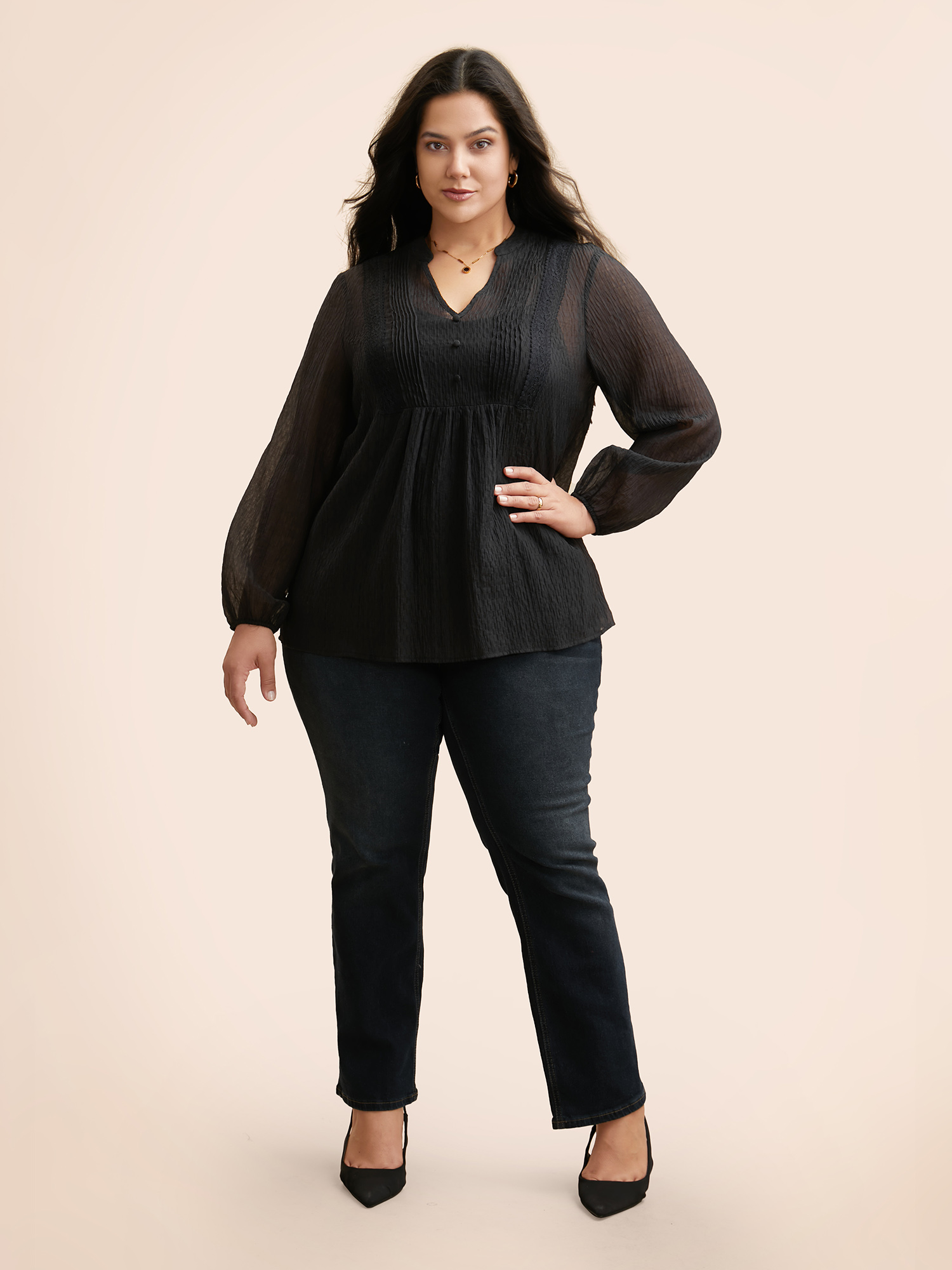 Plus Size Black Textured Lace Panel Pleated Blouse Women Elegant Long Sleeve V-neck Everyday Blouses BloomChic 18-20/2X 