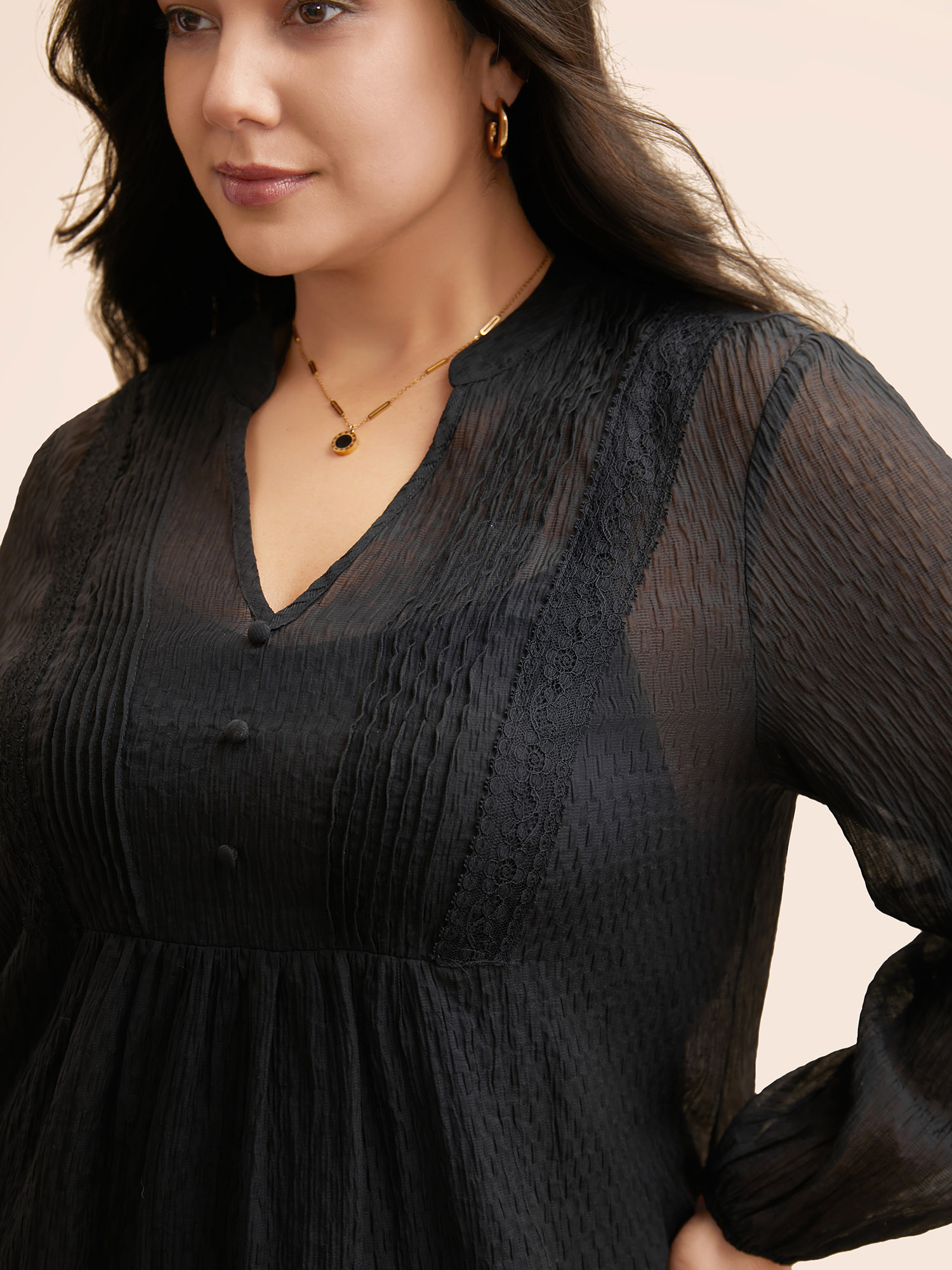 Plus Size Black Textured Lace Panel Pleated Blouse Women Elegant Long Sleeve V-neck Everyday Blouses BloomChic 18-20/2X 