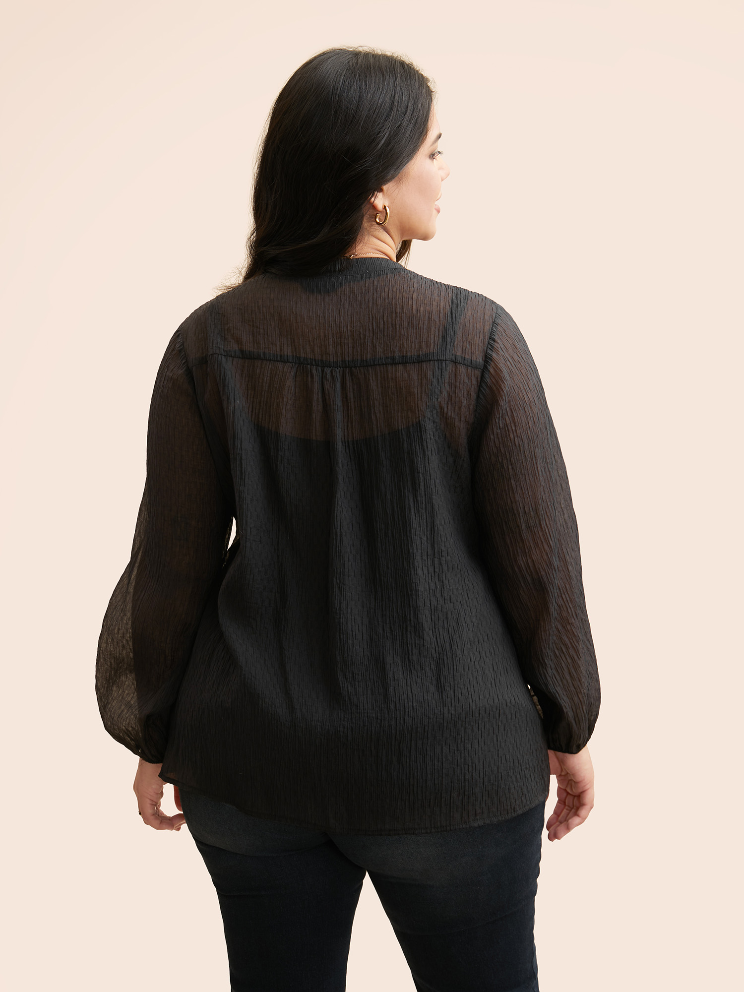 Plus Size Black Textured Lace Panel Pleated Blouse Women Elegant Long Sleeve V-neck Everyday Blouses BloomChic 18-20/2X 