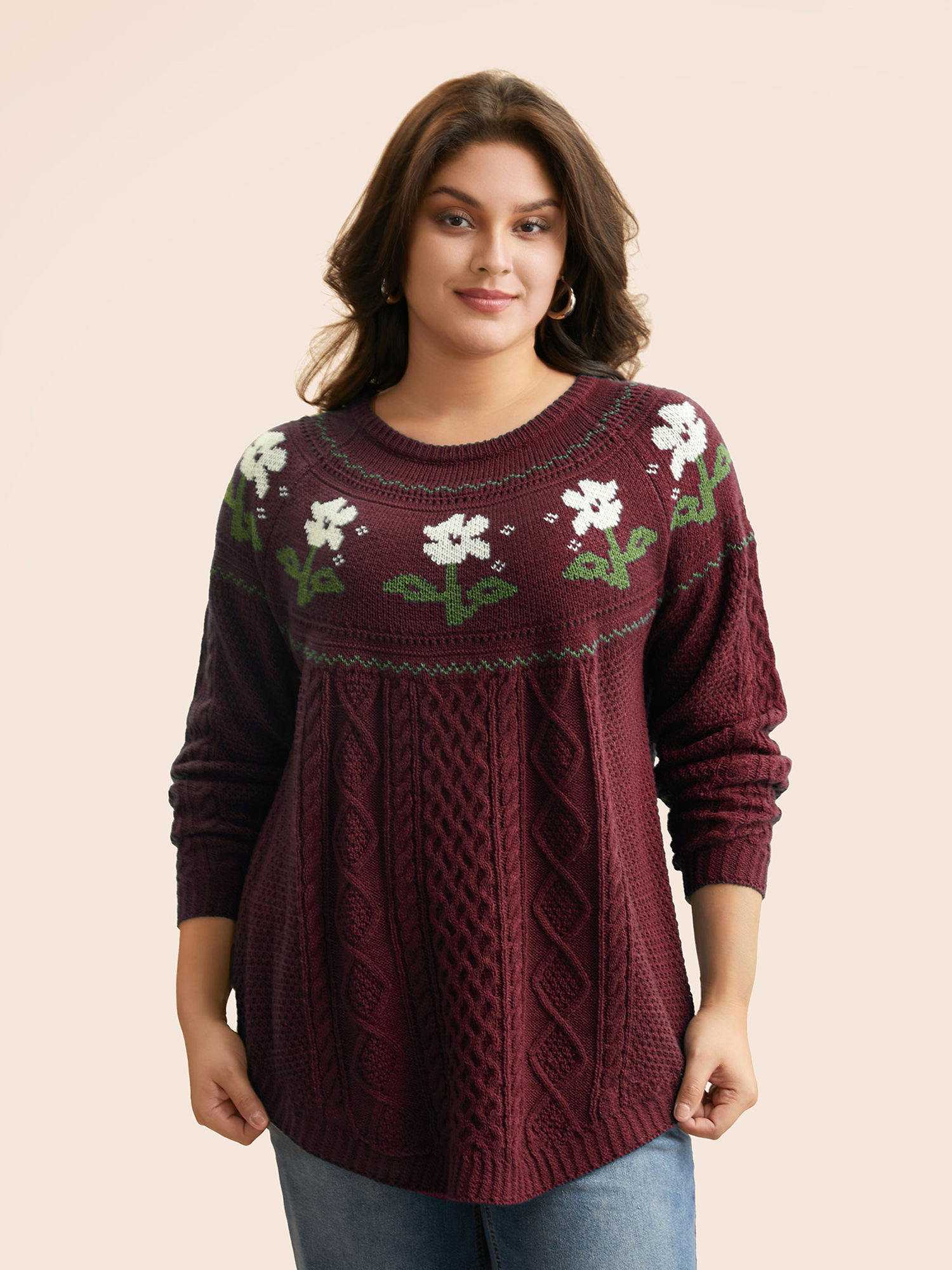 

Plus Size Floral Jacquard Raglan Sleeve Pullover Deepred Women Casual Long Sleeve Round Neck Everyday Pullovers BloomChic