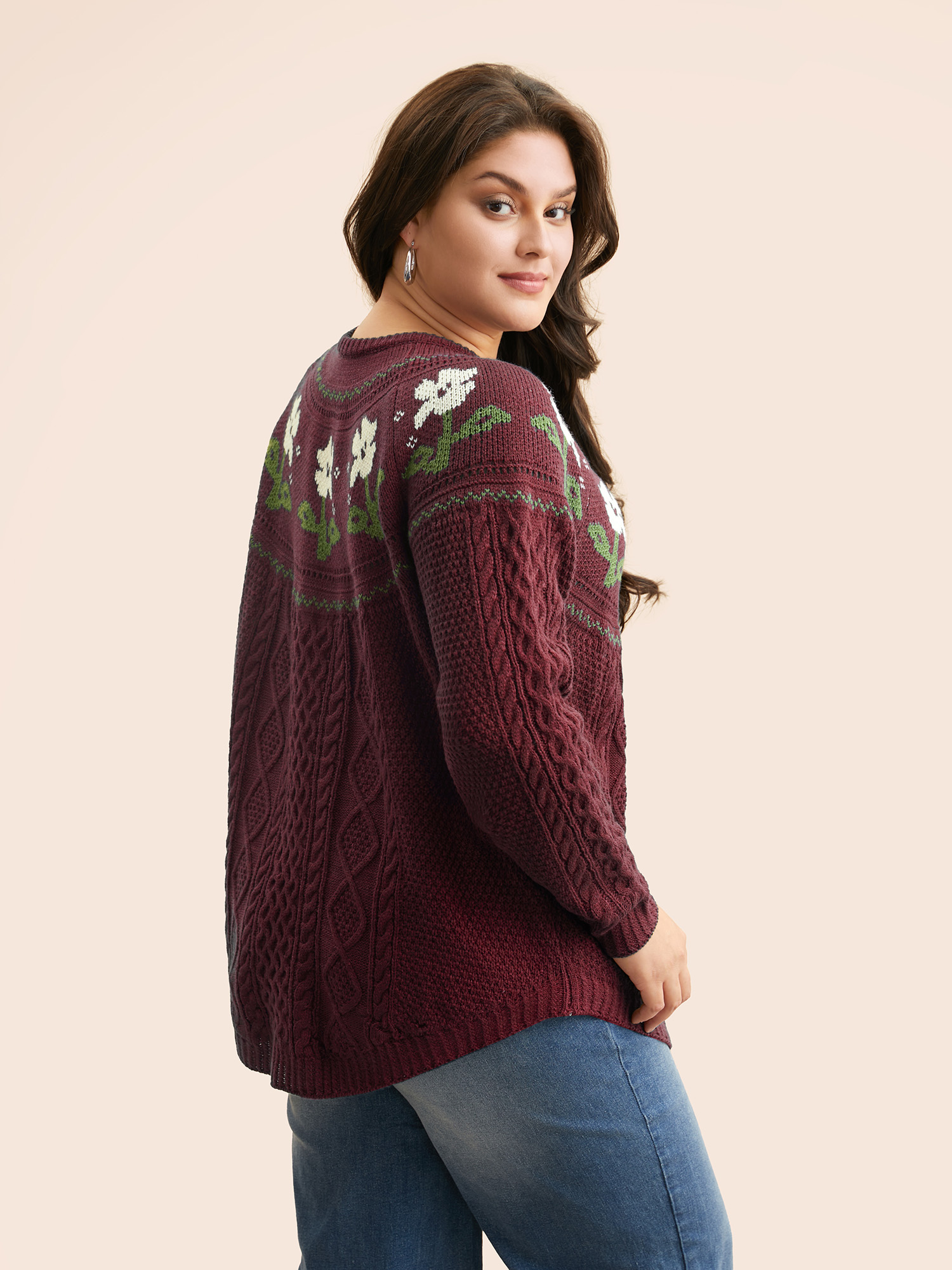 

Plus Size Floral Jacquard Raglan Sleeve Pullover Deepred Women Casual Long Sleeve Round Neck Everyday Pullovers BloomChic