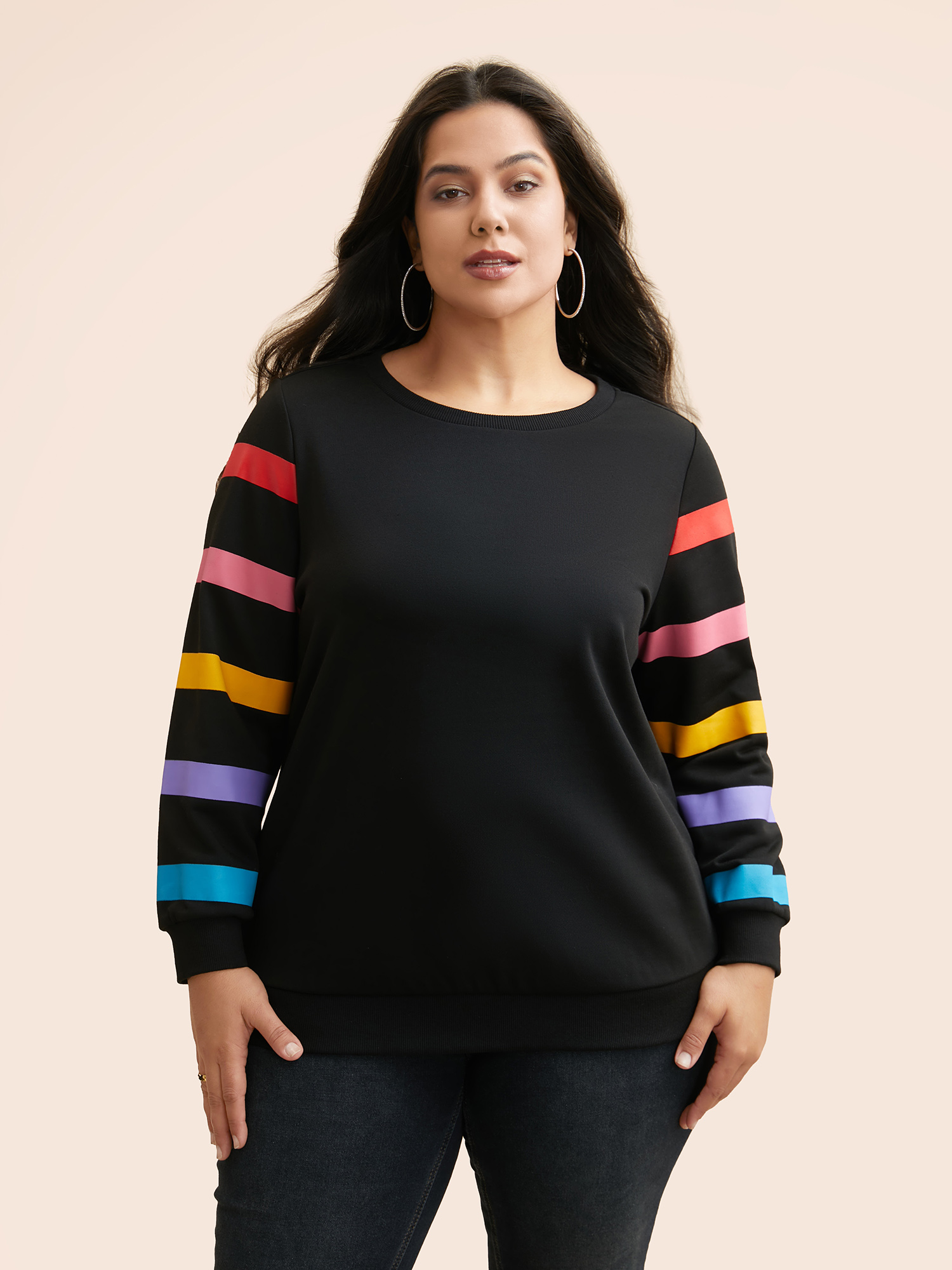 

Plus Size Colored Striped Patchwork Slightly Stretchy Sweatshirt Women Black Casual Contrast Non Everyday Sweatshirts BloomChic