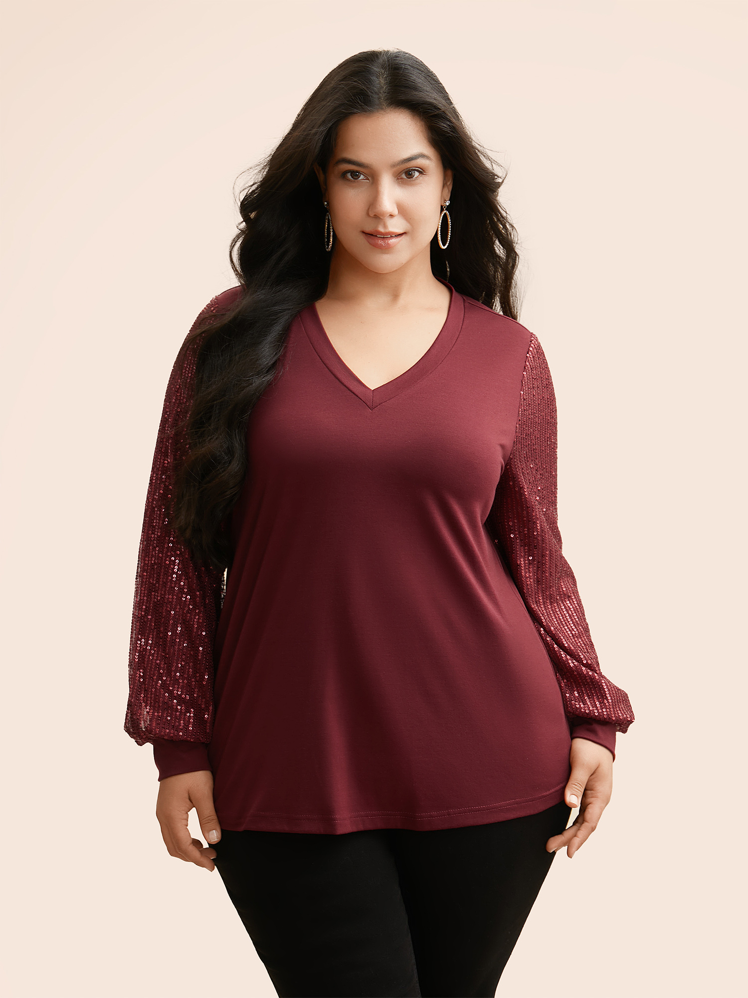 

Plus Size V Neck Sequin Patchwork T-shirt Burgundy V-neck Extra Long Sleeve Elegant Jersey Tops