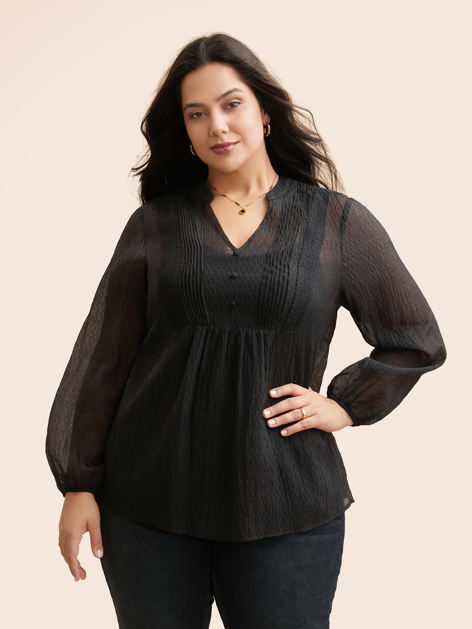 Plus Size Black Textured Lace Panel Pleated Blouse Women Elegant Long Sleeve V-neck Everyday Blouses BloomChic 18-20/2X 