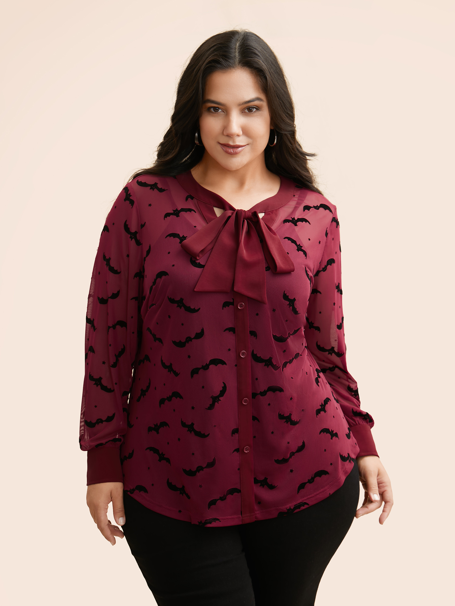 

Plus Size Burgundy Bats & Bows Ribbon Collar Blouse Women Elegant Long Sleeve Ribbon-tied collar Everyday Blouses BloomChic