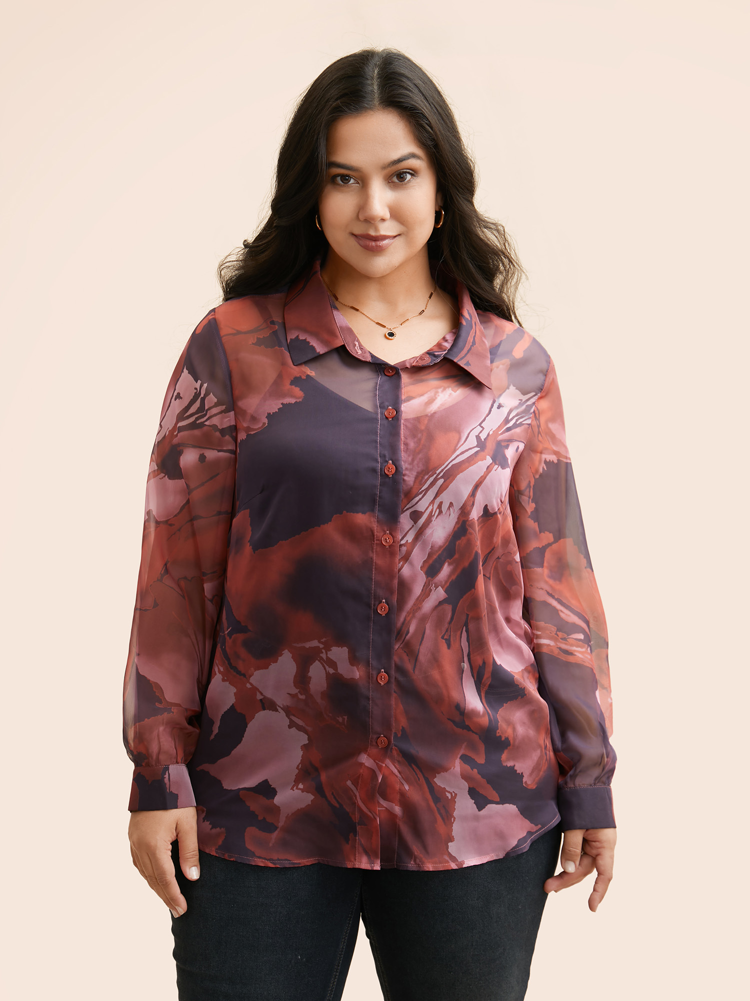 Plus Size Russet Watercolor Floral Mesh Shirt Collar Blouse Women Elegant Long Sleeve Shirt collar Everyday Blouses BloomChic 28/5X 