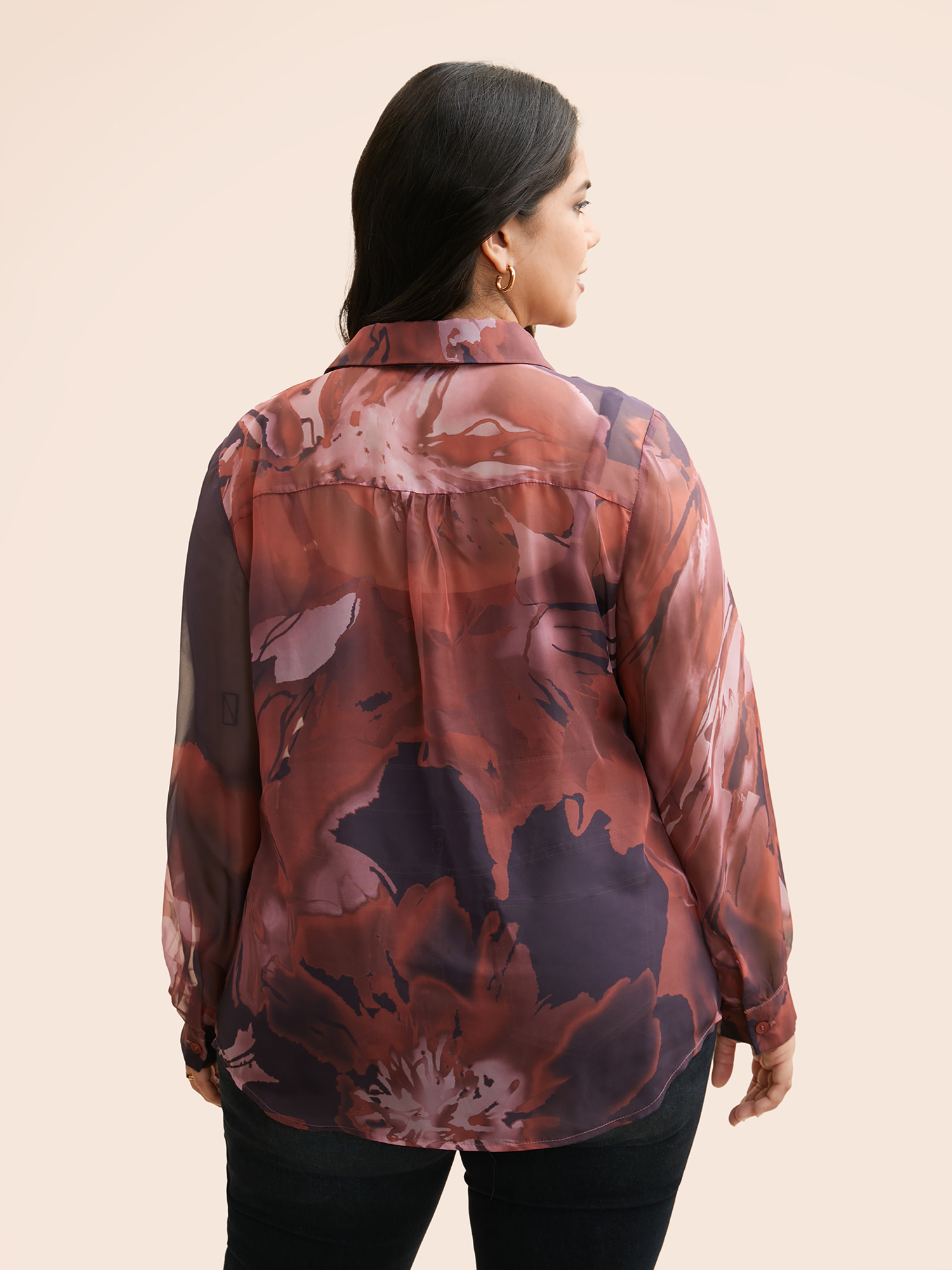 

Plus Size Russet Watercolor Floral Mesh Shirt Collar Blouse Women Elegant Long Sleeve Shirt collar Everyday Blouses BloomChic