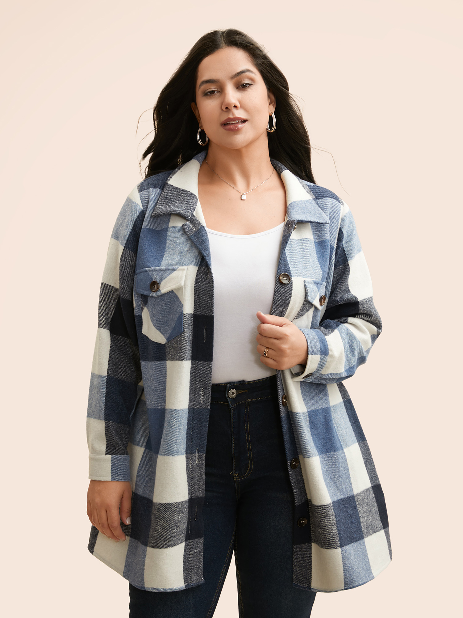 

Plus Size Halloween Plaid Chest Pockets Long Jacket Women LightBlue Button Loose Side seam pocket Everyday Jackets BloomChic