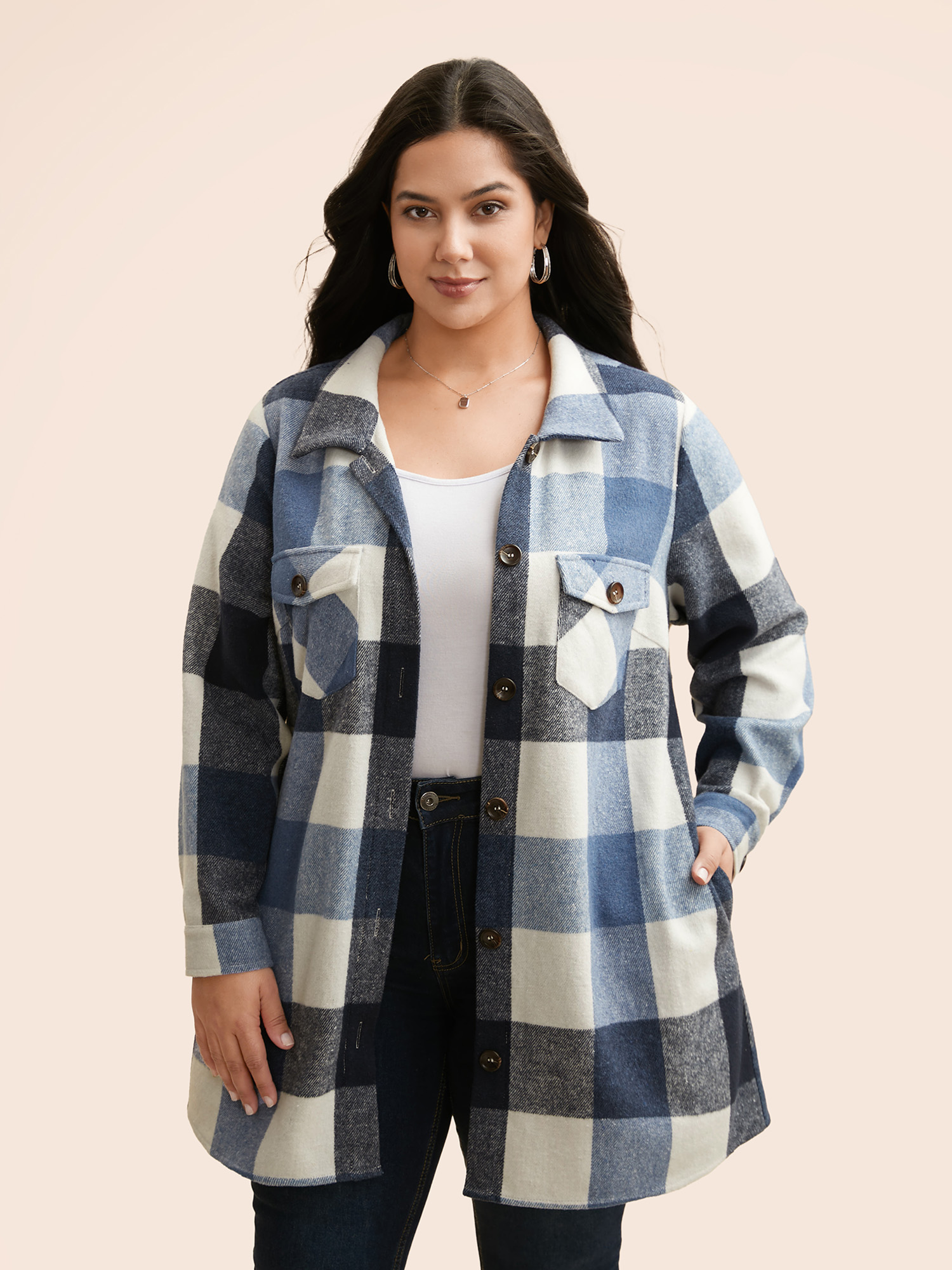 

Plus Size Halloween Plaid Chest Pockets Long Jacket Women LightBlue Button Loose Side seam pocket Everyday Jackets BloomChic