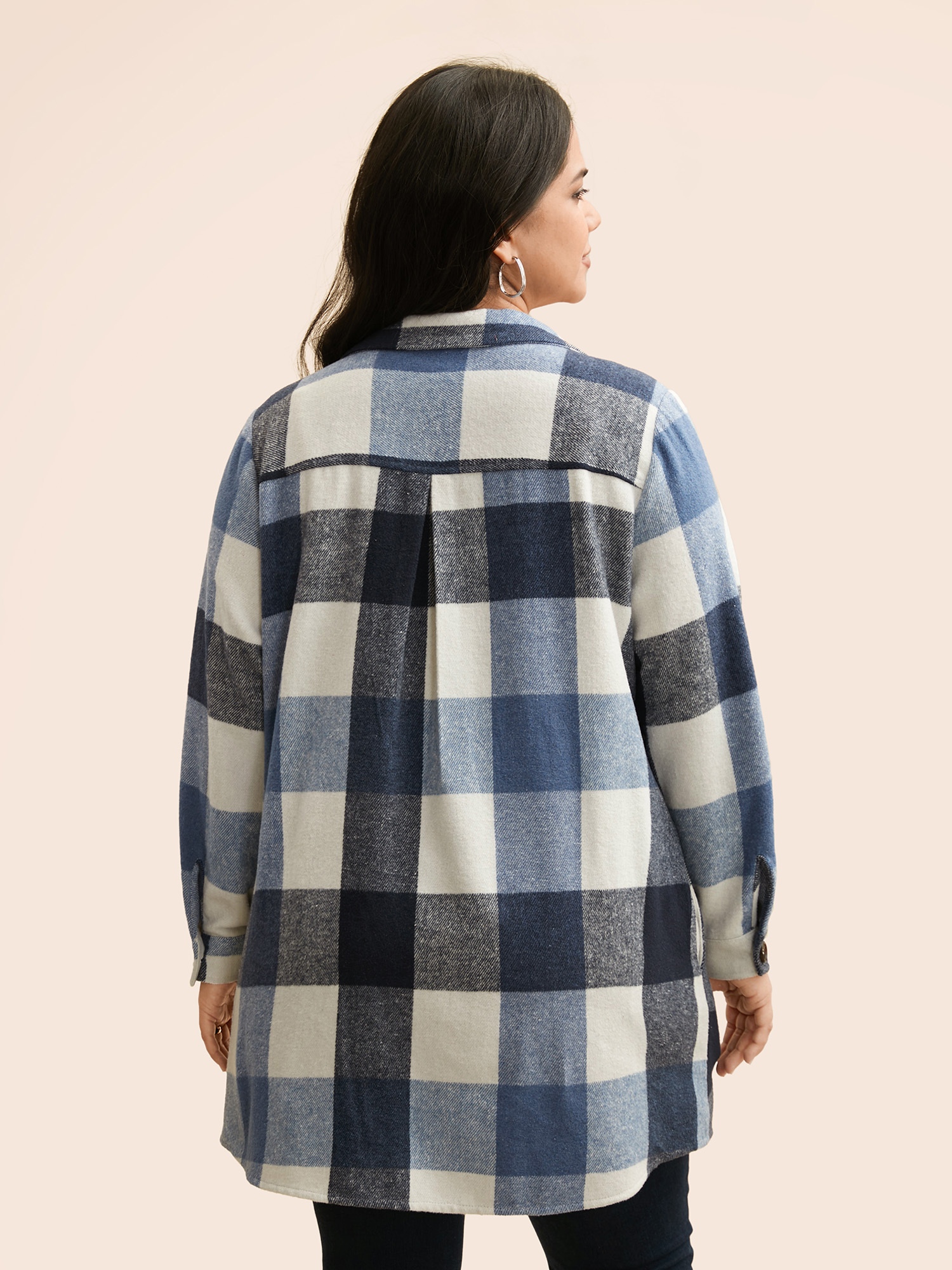 Plus Size Halloween Plaid Chest Pockets Long Jacket Women LightBlue Button Loose Side seam pocket Everyday Jackets BloomChic 10/M 