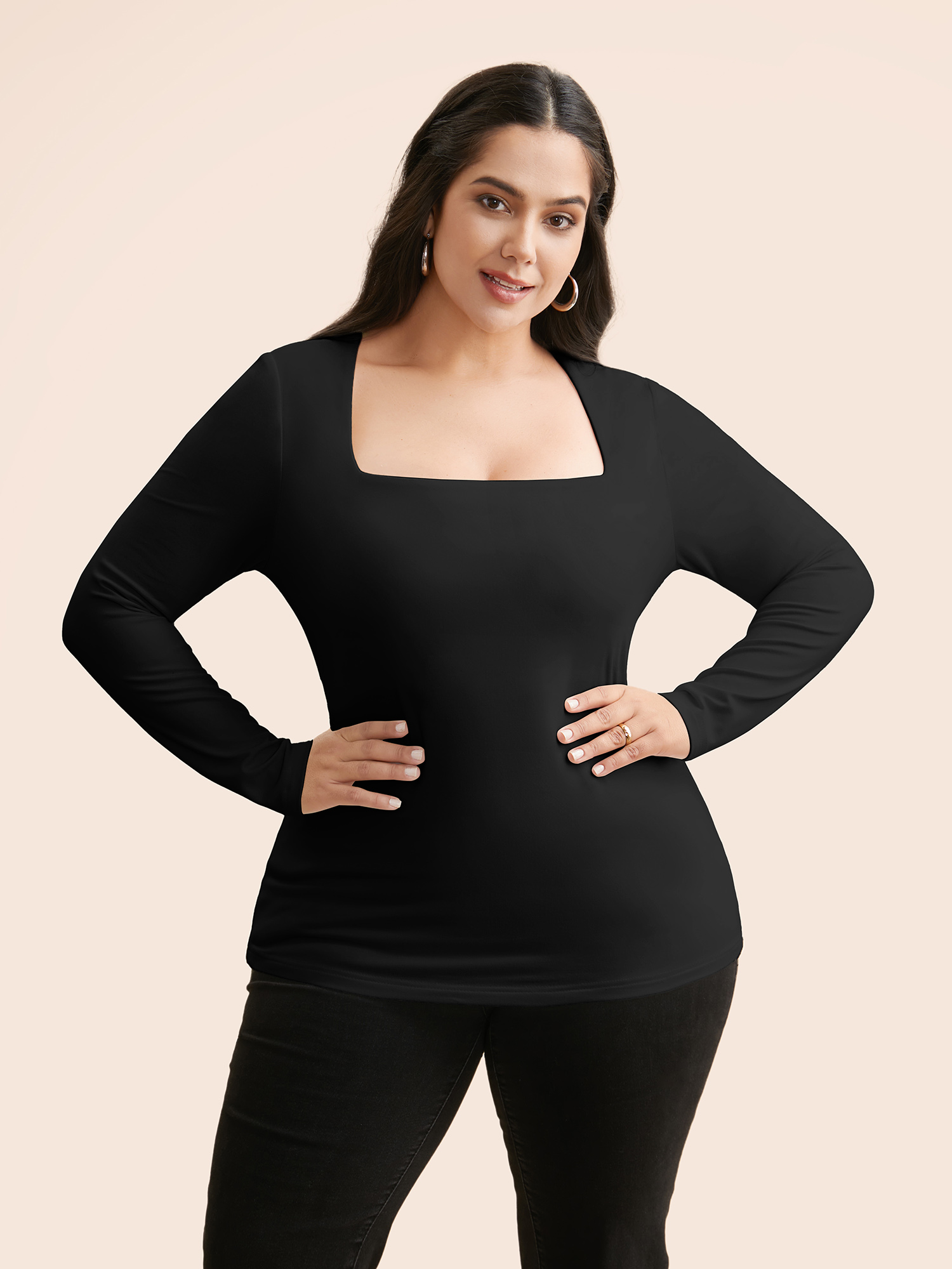 

Plus Size Supersoft Essentials Solid Square Neck T-shirt Black Women Casual Non Square Neck Skinny Everyday T-shirts BloomChic