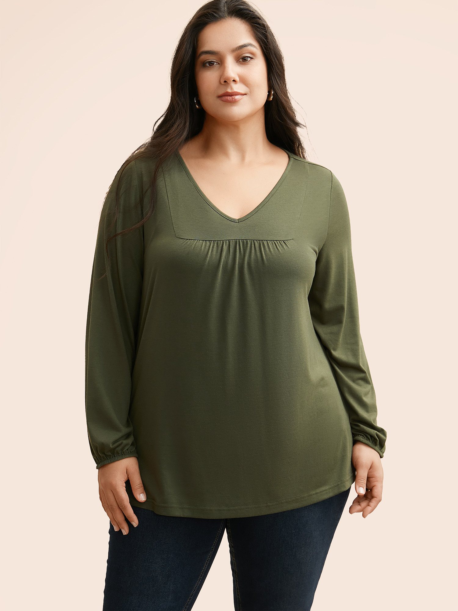 

Plus Size V Neck Gathered Lantern Sleeve Jersey Top ArmyGreen V-neck Extra Long Sleeve Elegant Jersey Tops