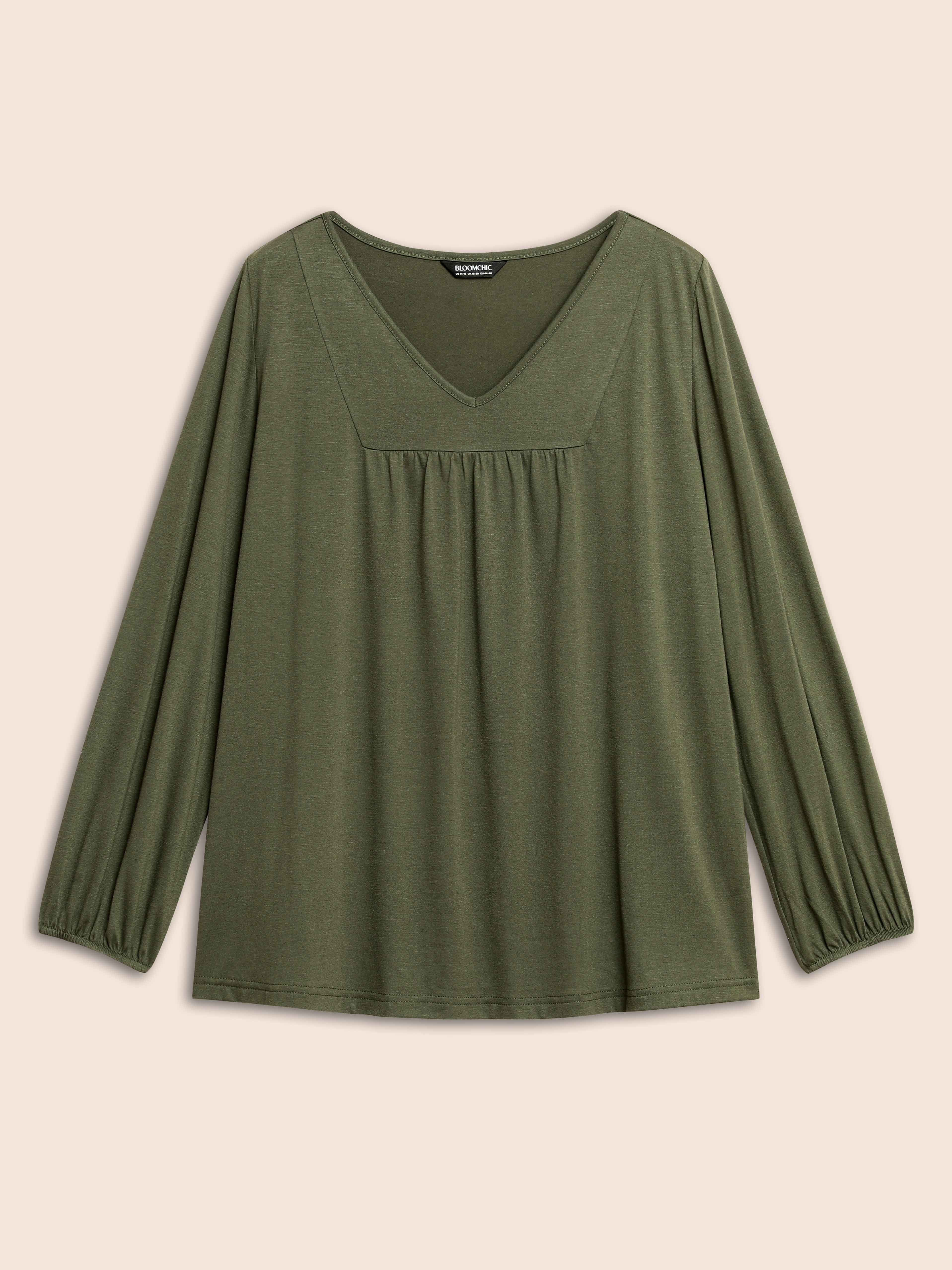 

Plus Size V Neck Gathered Lantern Sleeve Jersey Top ArmyGreen V-neck Extra Long Sleeve Elegant Jersey Tops