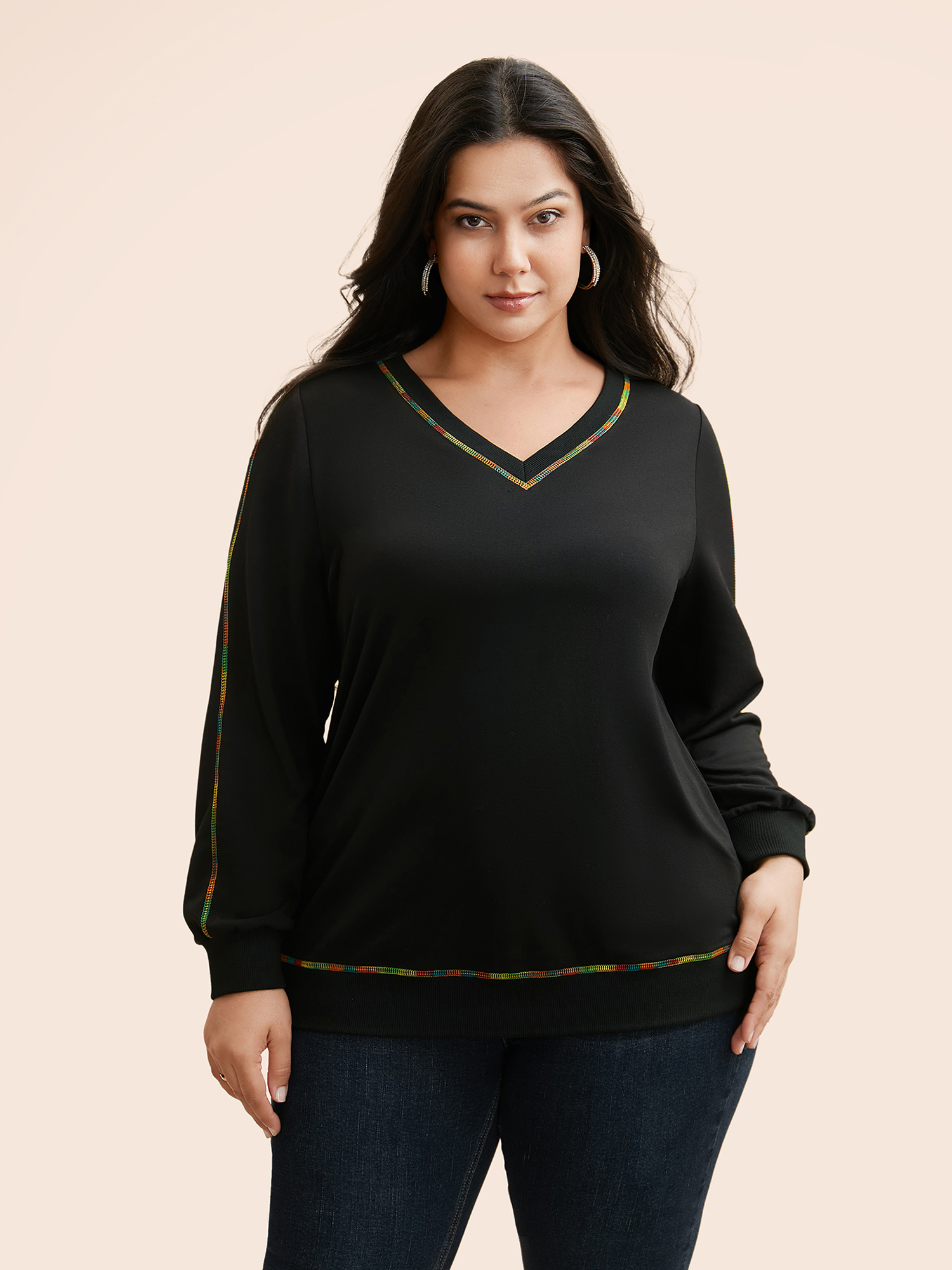 

Plus Size V Neck Contrast Rainbow Trim Sweatshirt Women Black Casual Topstitching V-neck Everyday Sweatshirts BloomChic