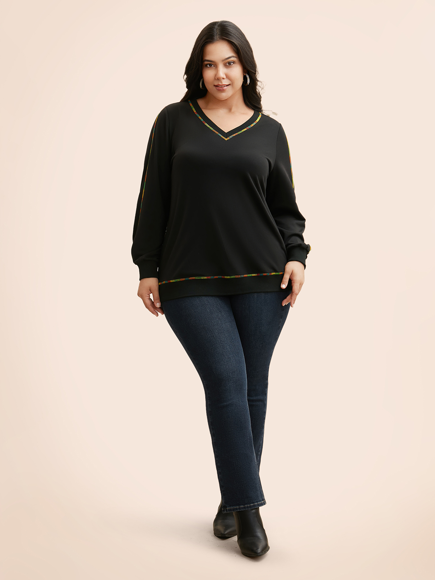 Plus Size V Neck Contrast Rainbow Trim Sweatshirt Women Black Casual Topstitching V-neck Everyday Sweatshirts BloomChic 28/5X 
