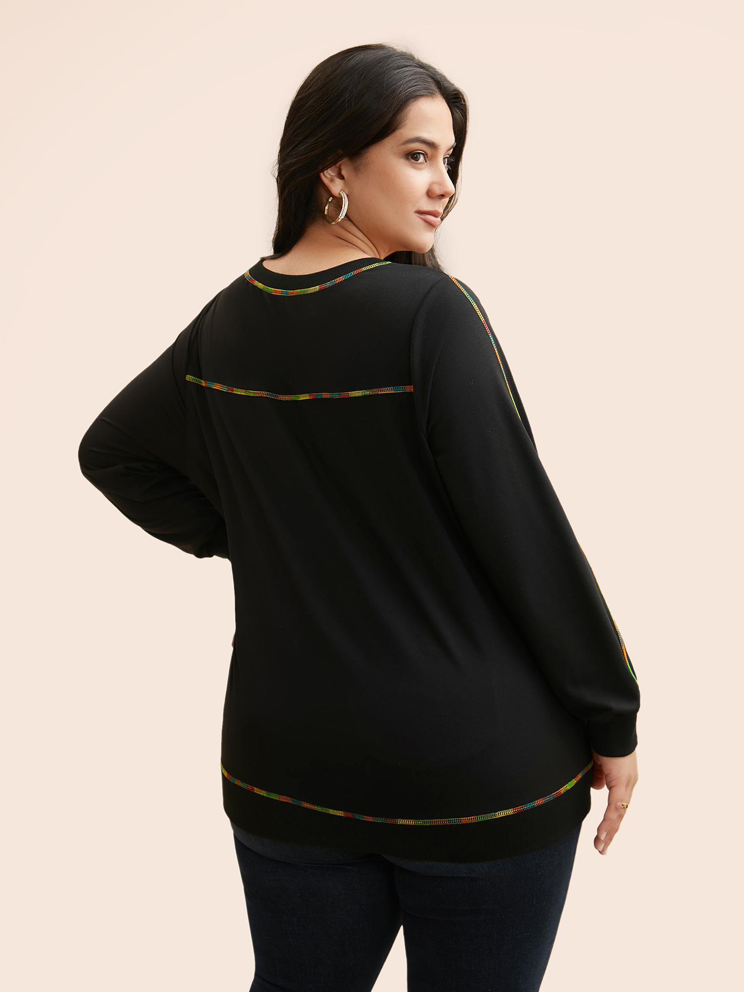 Plus Size V Neck Contrast Rainbow Trim Sweatshirt Women Black Casual Topstitching V-neck Everyday Sweatshirts BloomChic 28/5X 