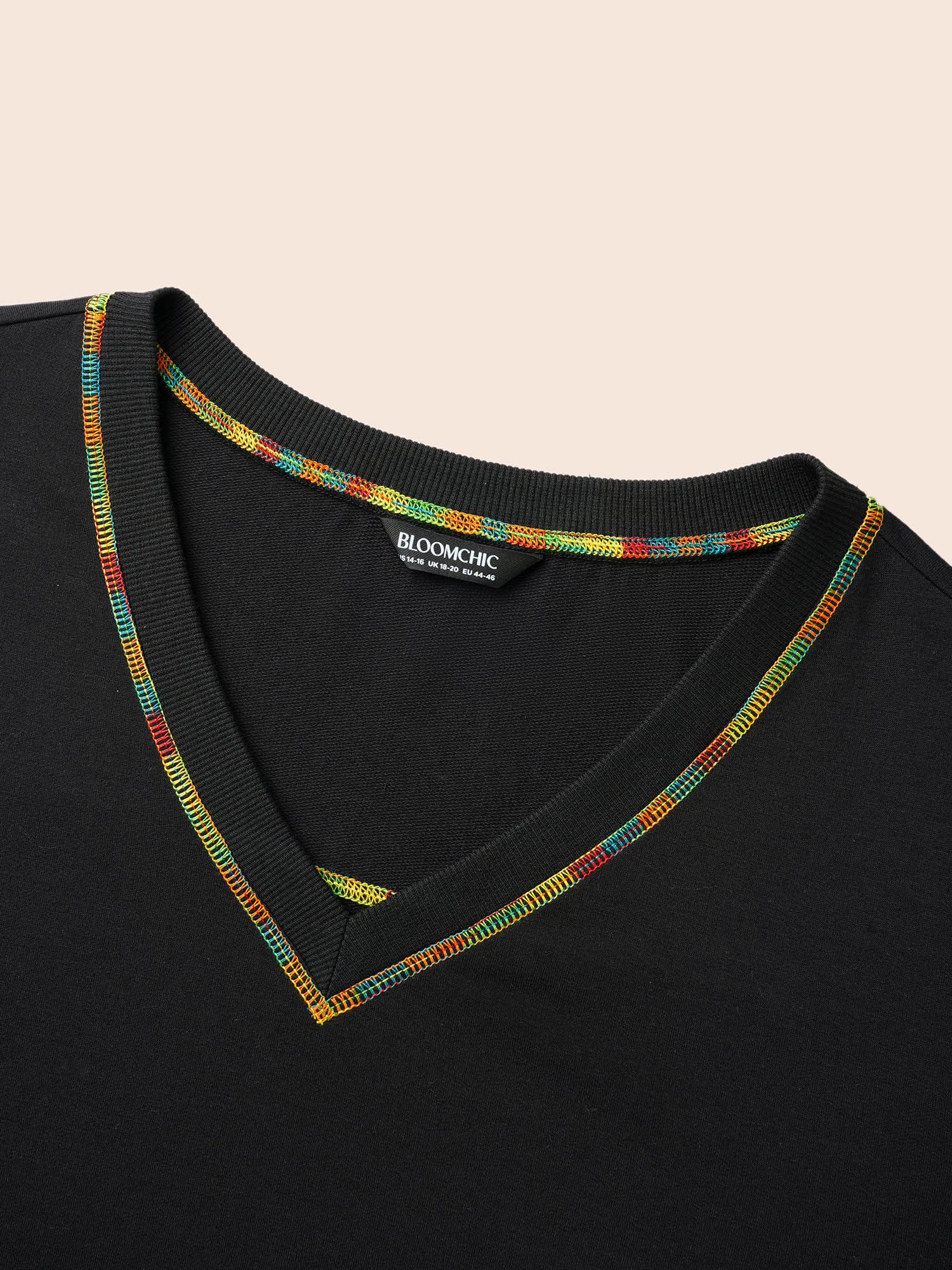 Plus Size V Neck Contrast Rainbow Trim Sweatshirt Women Black Casual Topstitching V-neck Everyday Sweatshirts BloomChic 28/5X 