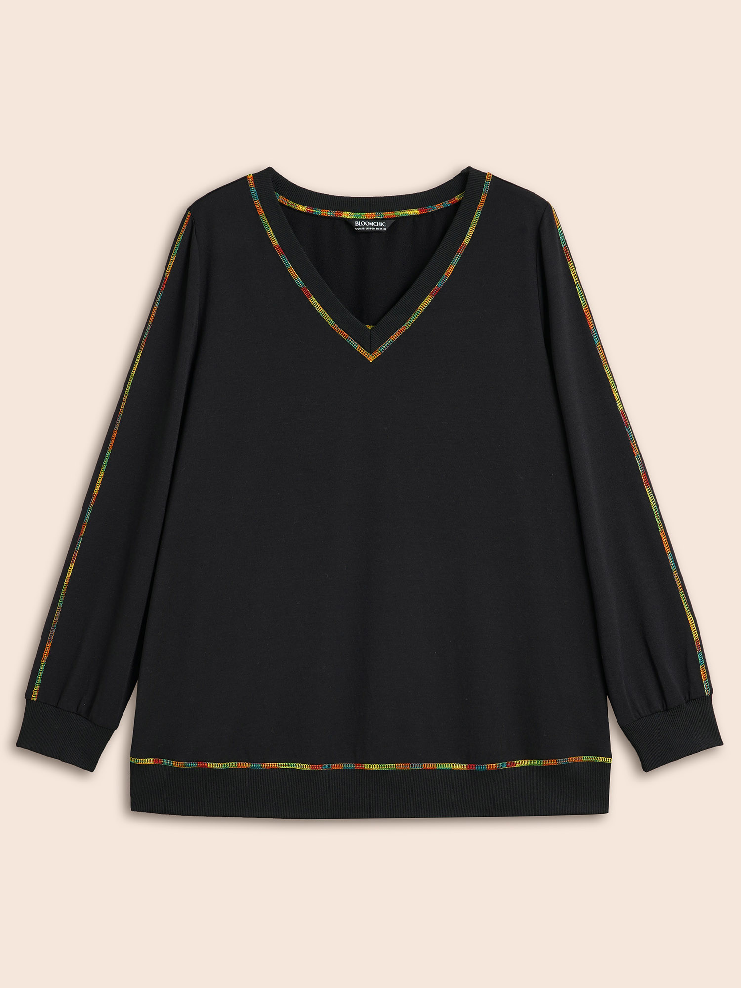 Plus Size V Neck Contrast Rainbow Trim Sweatshirt Women Black Casual Topstitching V-neck Everyday Sweatshirts BloomChic 28/5X 