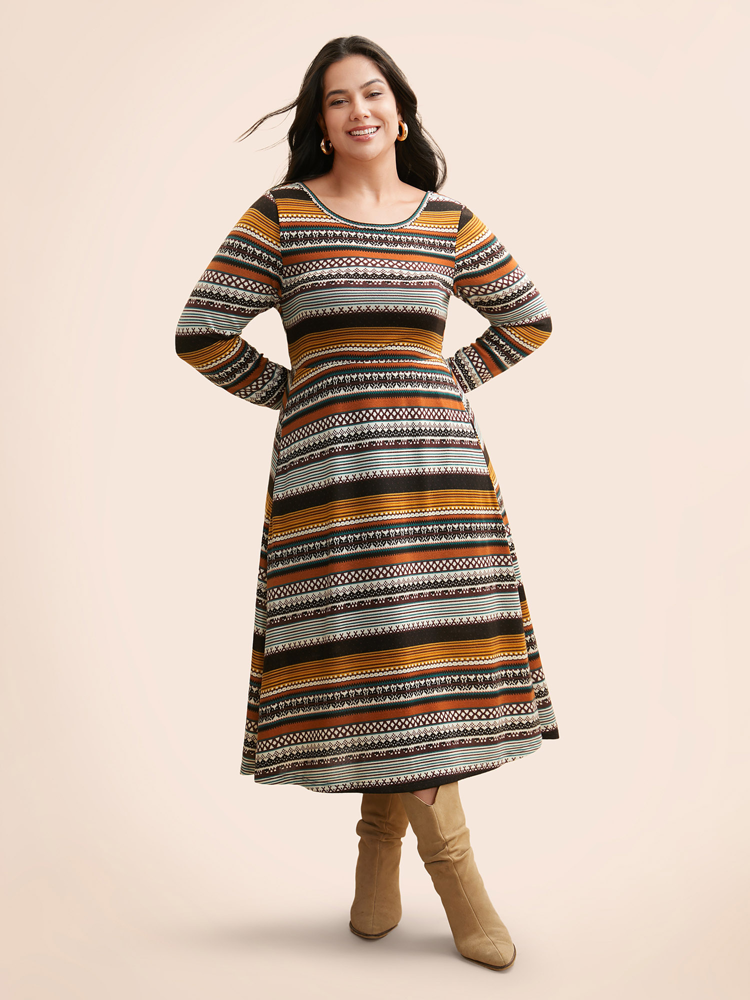 

Plus Size Crew Neck Striped Backless Pocket Dress Multicolor Women Casual Non Round Neck Long Sleeve Curvy BloomChic