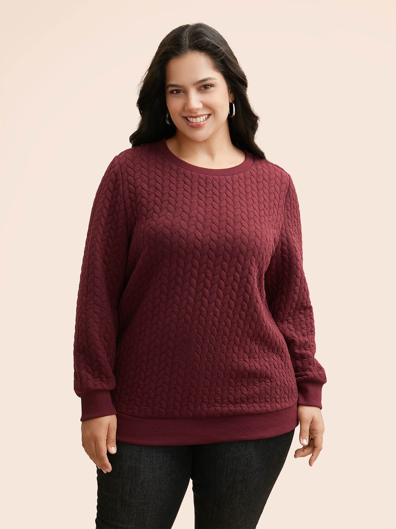 

Plus Size Plain Textured Slightly Stretchy Sweatshirt Women Burgundy Casual Texture Round Neck Everyday Sweatshirts BloomChic