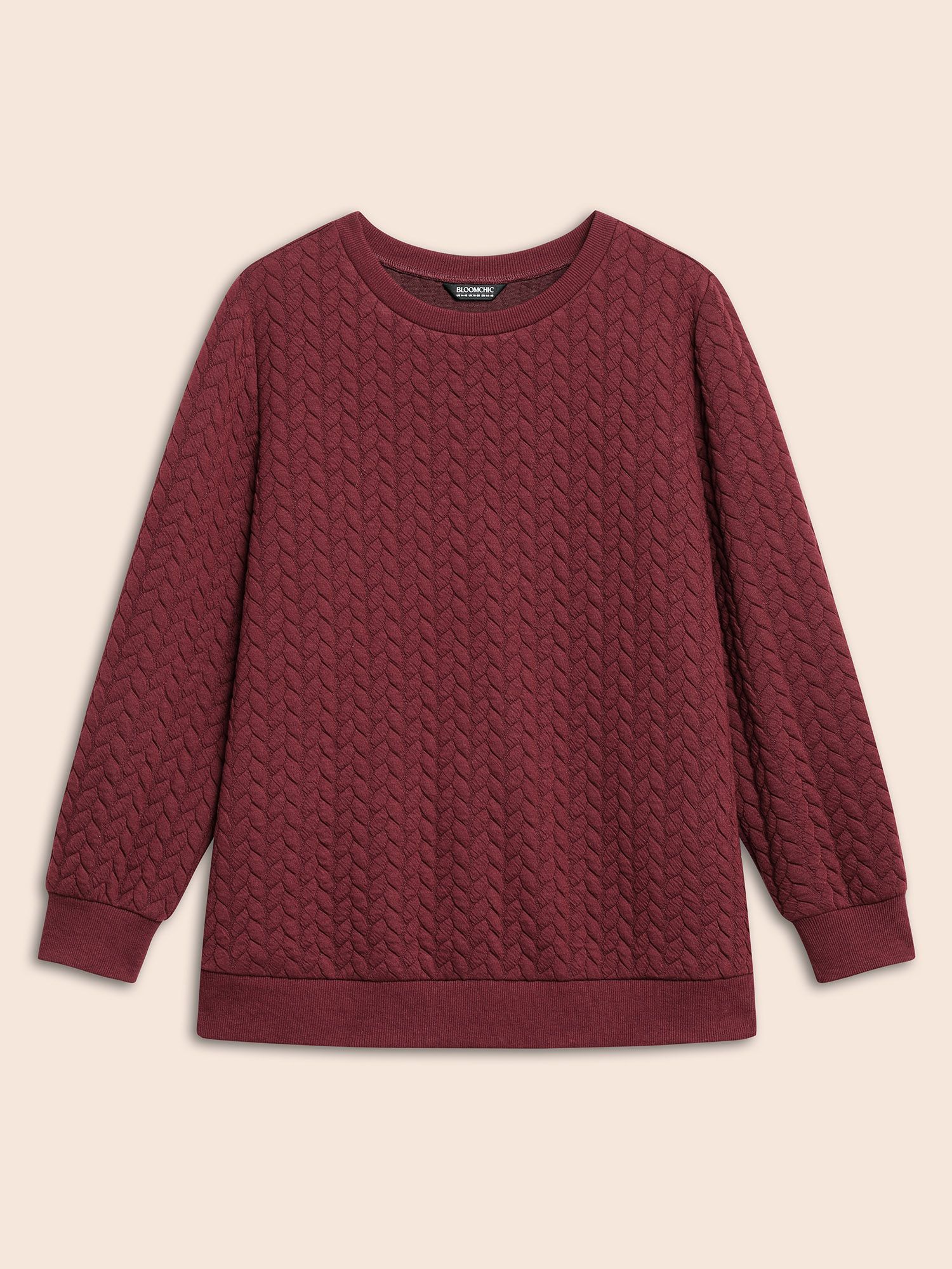 

Plus Size Plain Textured Slightly Stretchy Sweatshirt Women Burgundy Casual Texture Round Neck Everyday Sweatshirts BloomChic