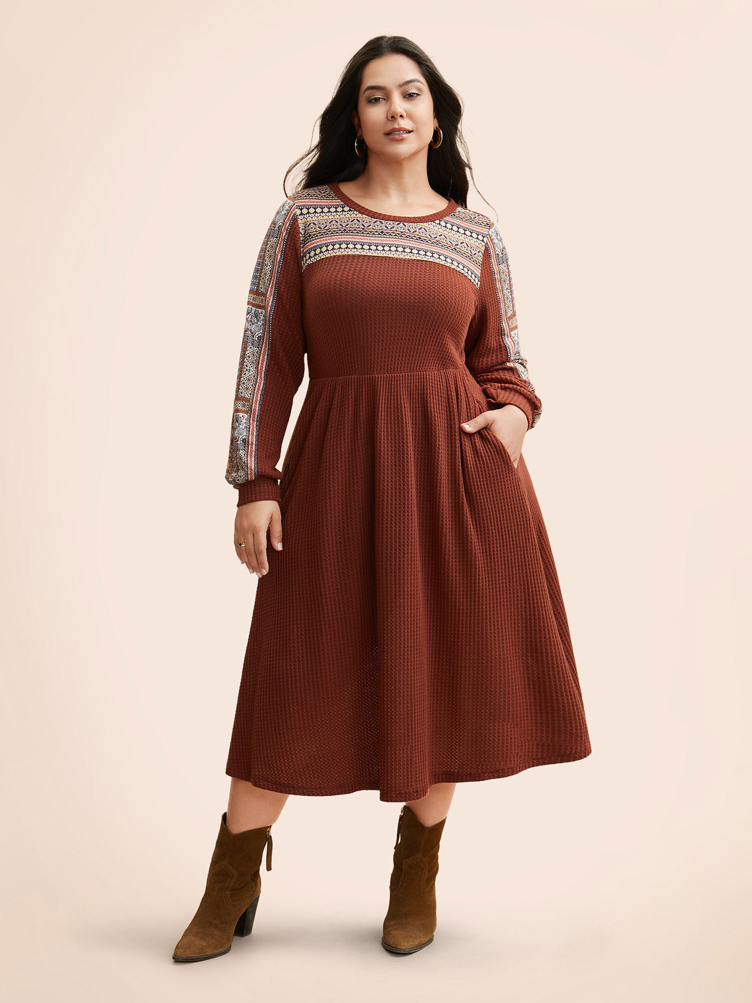 

Plus Size Bandana Patchwork Waffle Knit Midi Dress Yellowishbrown Women Casual Texture Round Neck Long Sleeve Curvy BloomChic