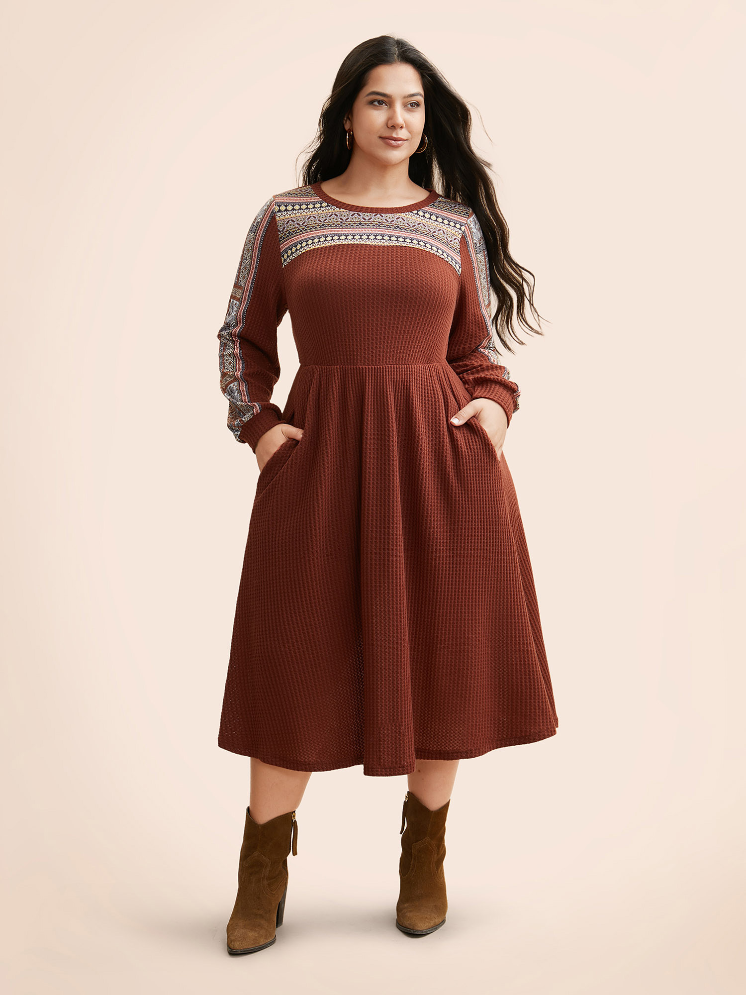 

Plus Size Bandana Patchwork Waffle Knit Midi Dress Yellowishbrown Women Casual Texture Round Neck Long Sleeve Curvy BloomChic