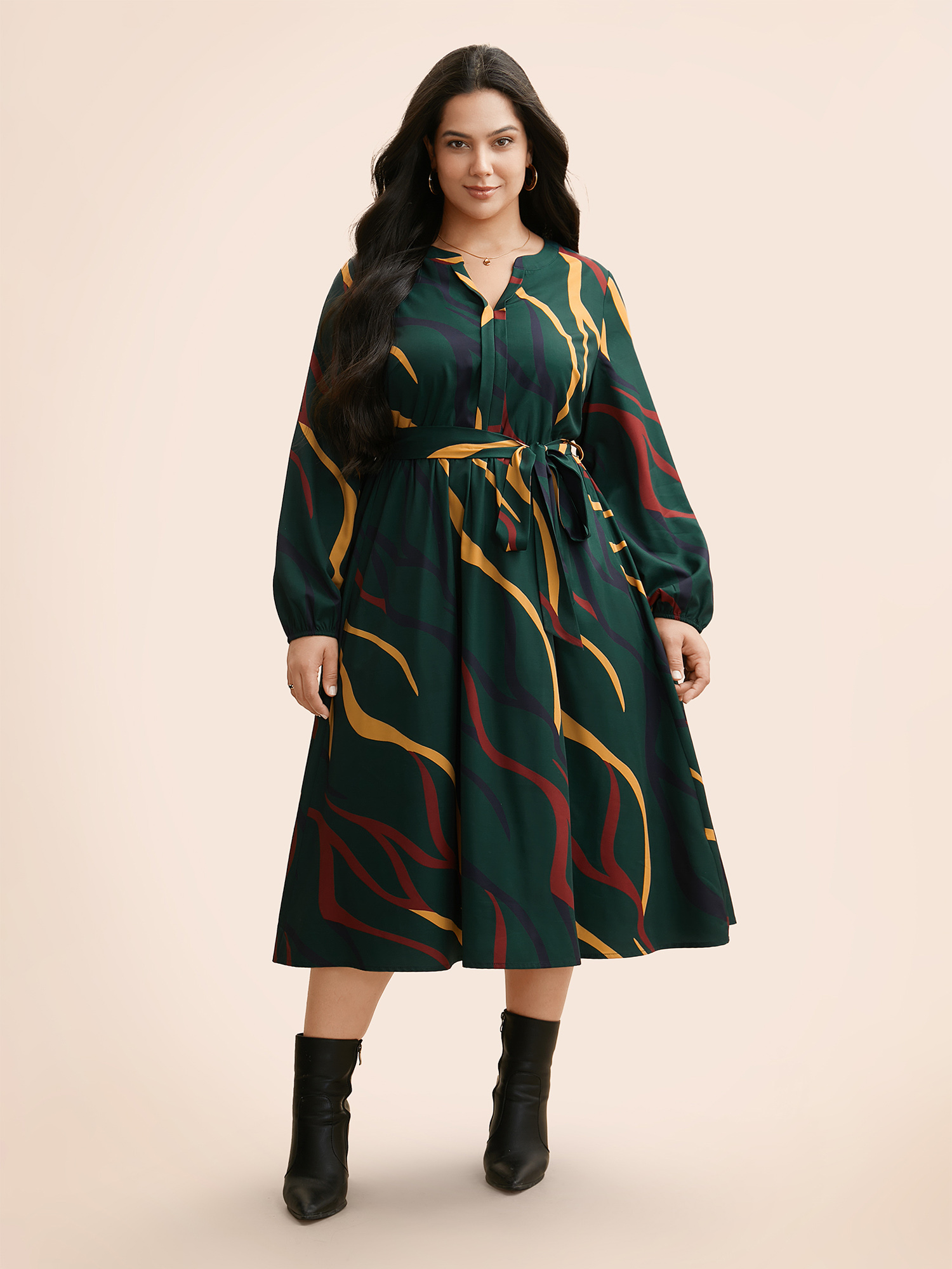 

Plus Size Notched Geometric Belted Midi Dress ArmyGreen Women Elegant Belted Flat collar with V-notch Long Sleeve Curvy BloomChic