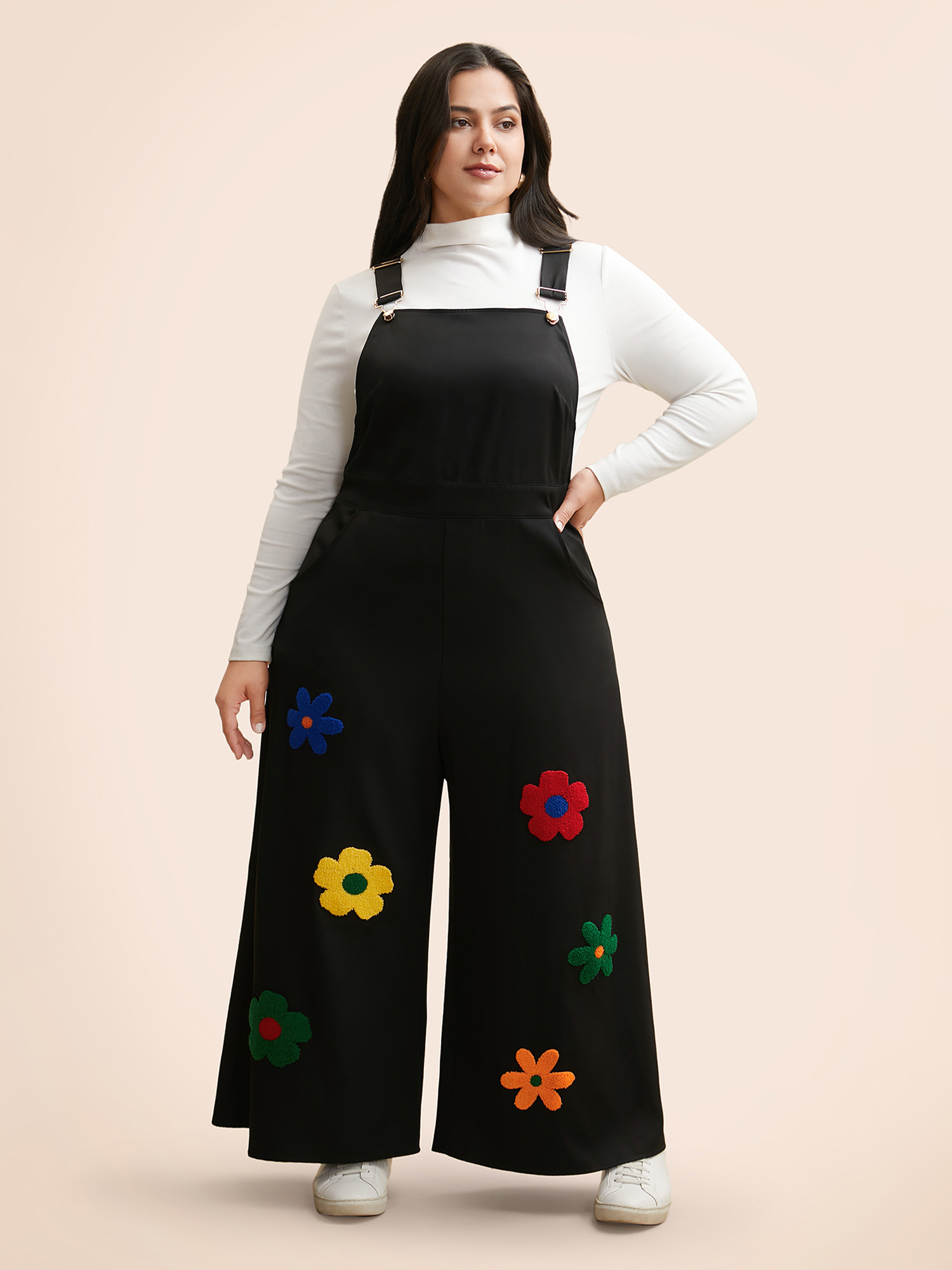 

Plus Size Black Floral Towel Embroidered Loose Jumpsuit Women Elegant Sleeveless Non Everyday Loose Jumpsuits BloomChic