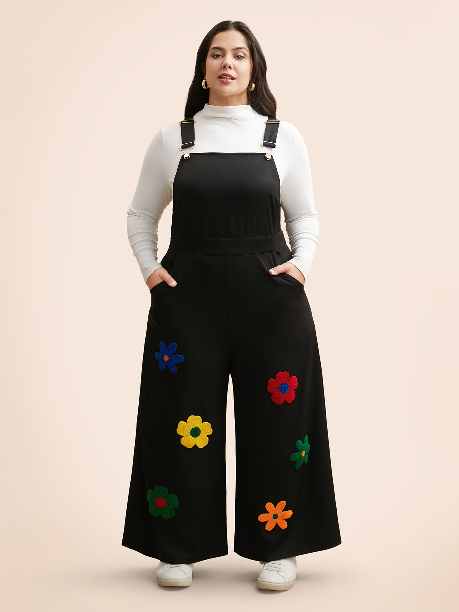 Plus Size Black Floral Towel Embroidered Loose Jumpsuit Women Elegant Sleeveless Non Everyday Loose Jumpsuits BloomChic 14-16/1X 