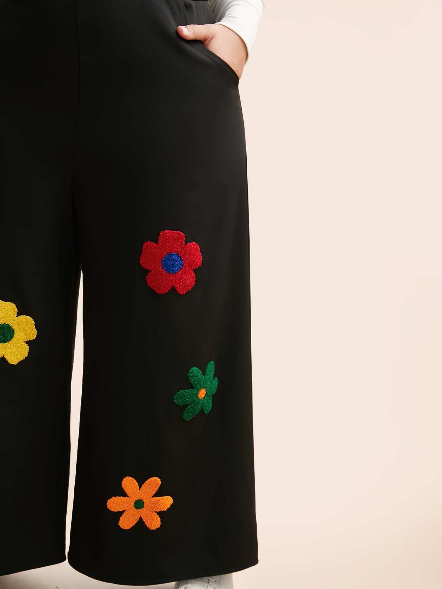 Plus Size Black Floral Towel Embroidered Loose Jumpsuit Women Elegant Sleeveless Non Everyday Loose Jumpsuits BloomChic 14-16/1X 
