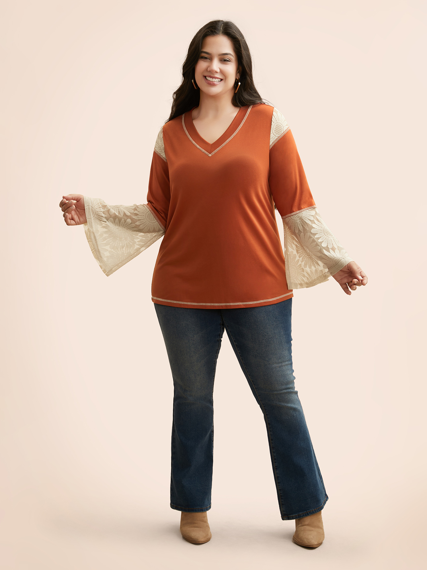 

Plus Size Contrast Patchwork Mesh Bell Sleeve T-shirt Brightorange V-neck Long Sleeve Elegant Jersey Tops