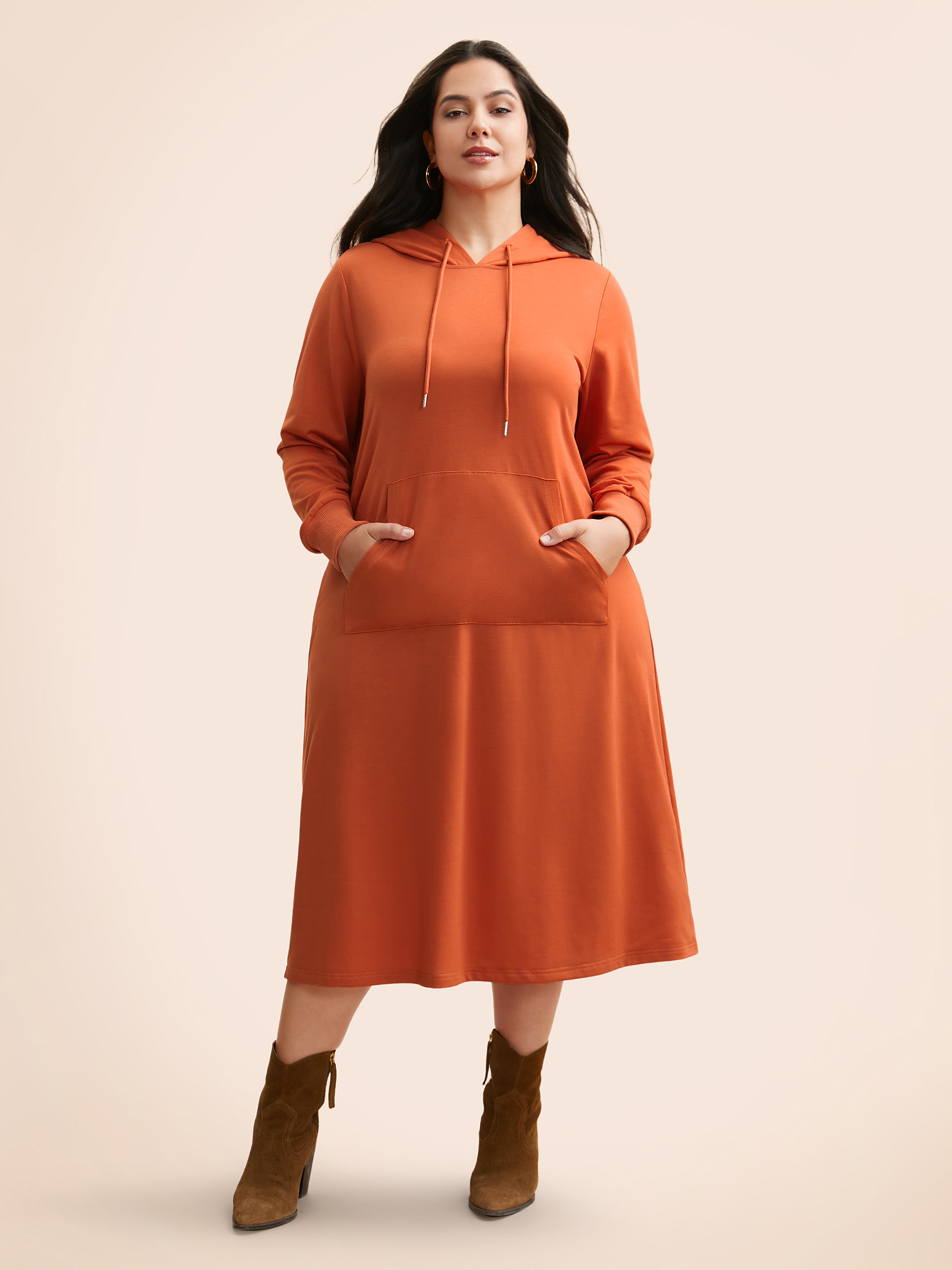 

Plus Size Plain Hooded Drawstring Kangaroo Pocket Dress OrangeRed Women Casual Non Hooded Long Sleeve Curvy BloomChic