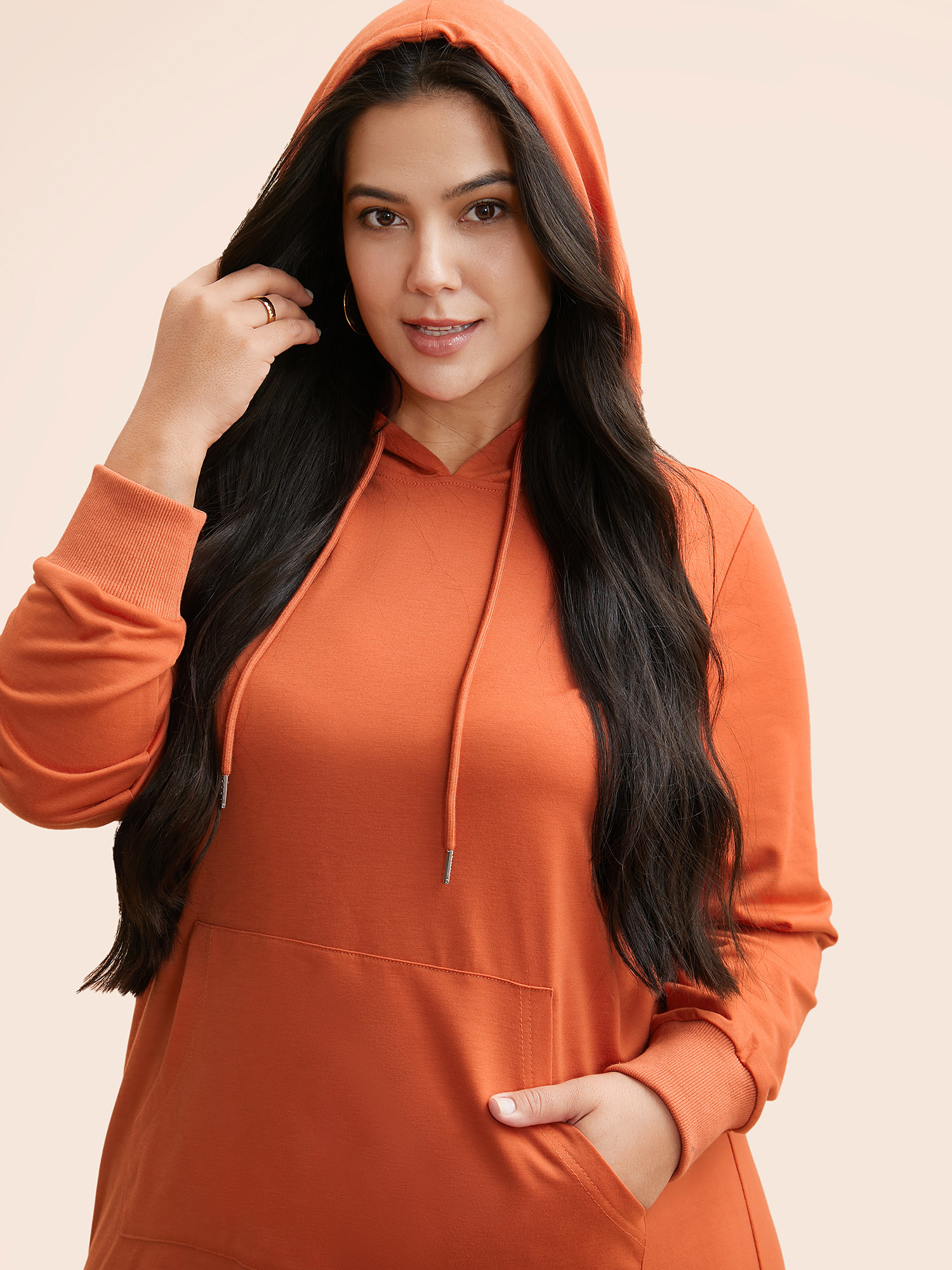 

Plus Size Plain Hooded Drawstring Kangaroo Pocket Dress OrangeRed Women Casual Non Hooded Long Sleeve Curvy BloomChic