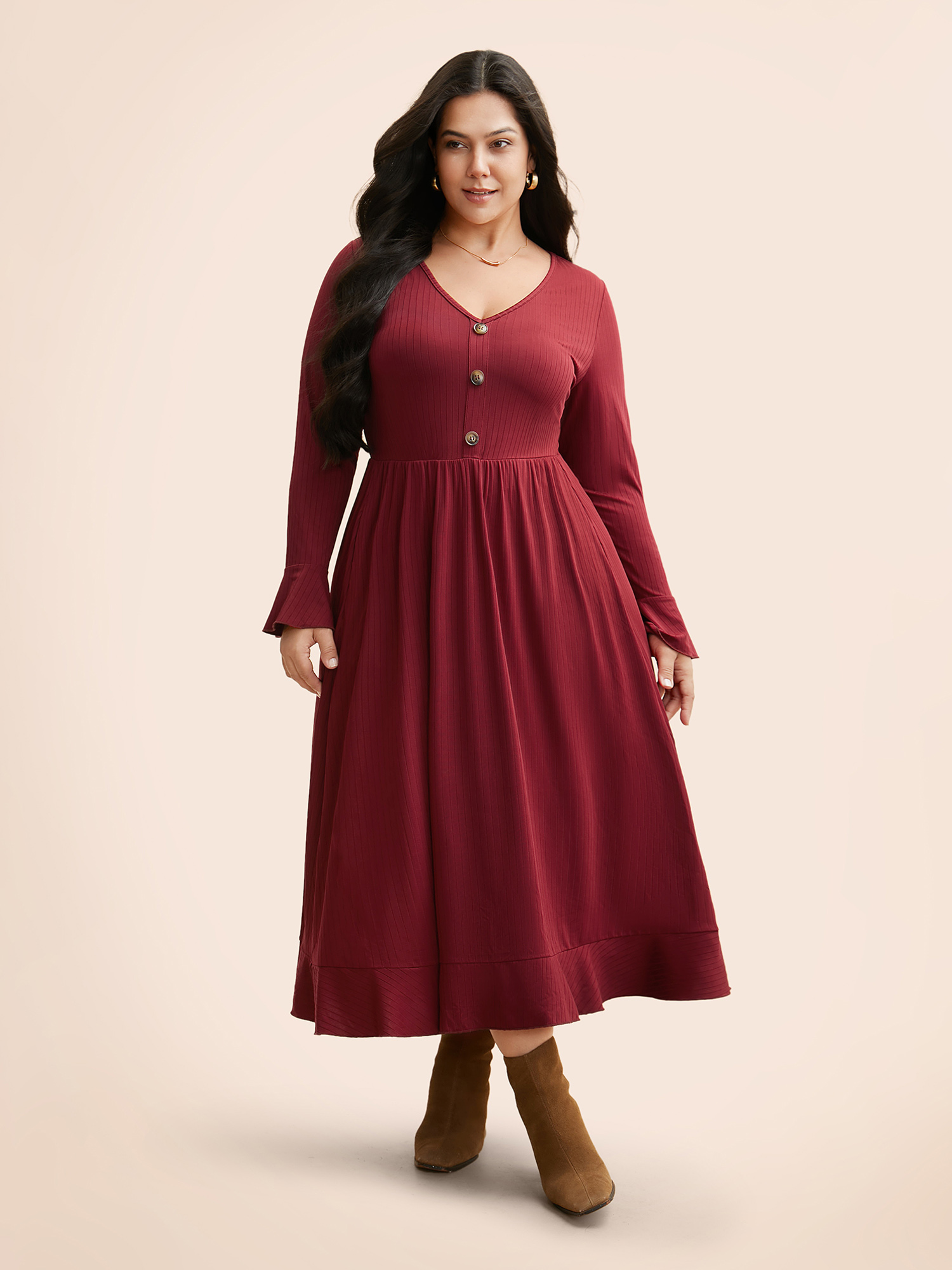 

Plus Size V Neck Button Detail Rib Knit Dress Burgundy Women Casual Texture V-neck Long Sleeve Curvy BloomChic