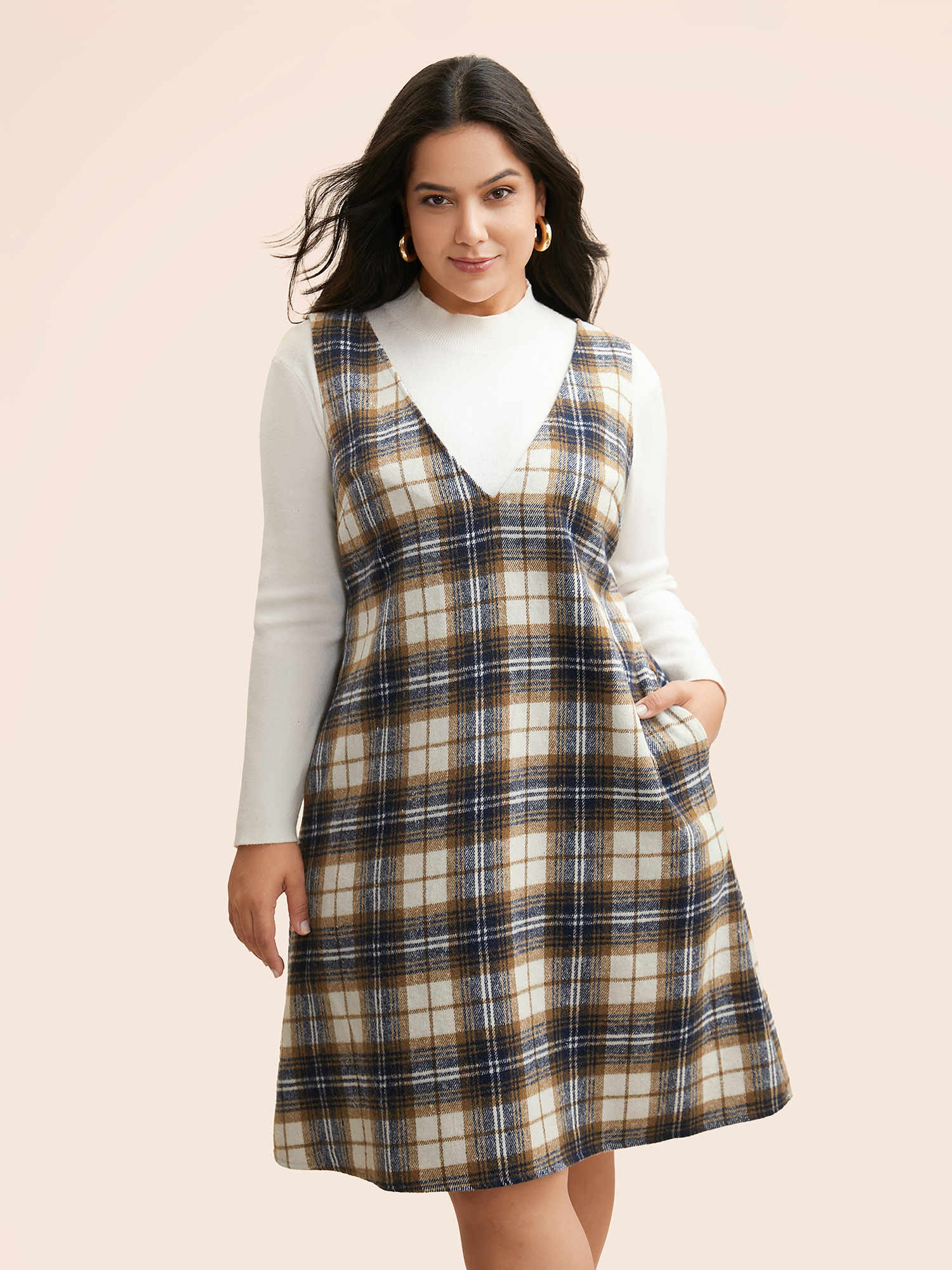 Plus Size Plaid V Neck Sleeveless Dress Multicolor Women Elegant Texture Deep V-neck Sleeveless Curvy BloomChic 30/6X 