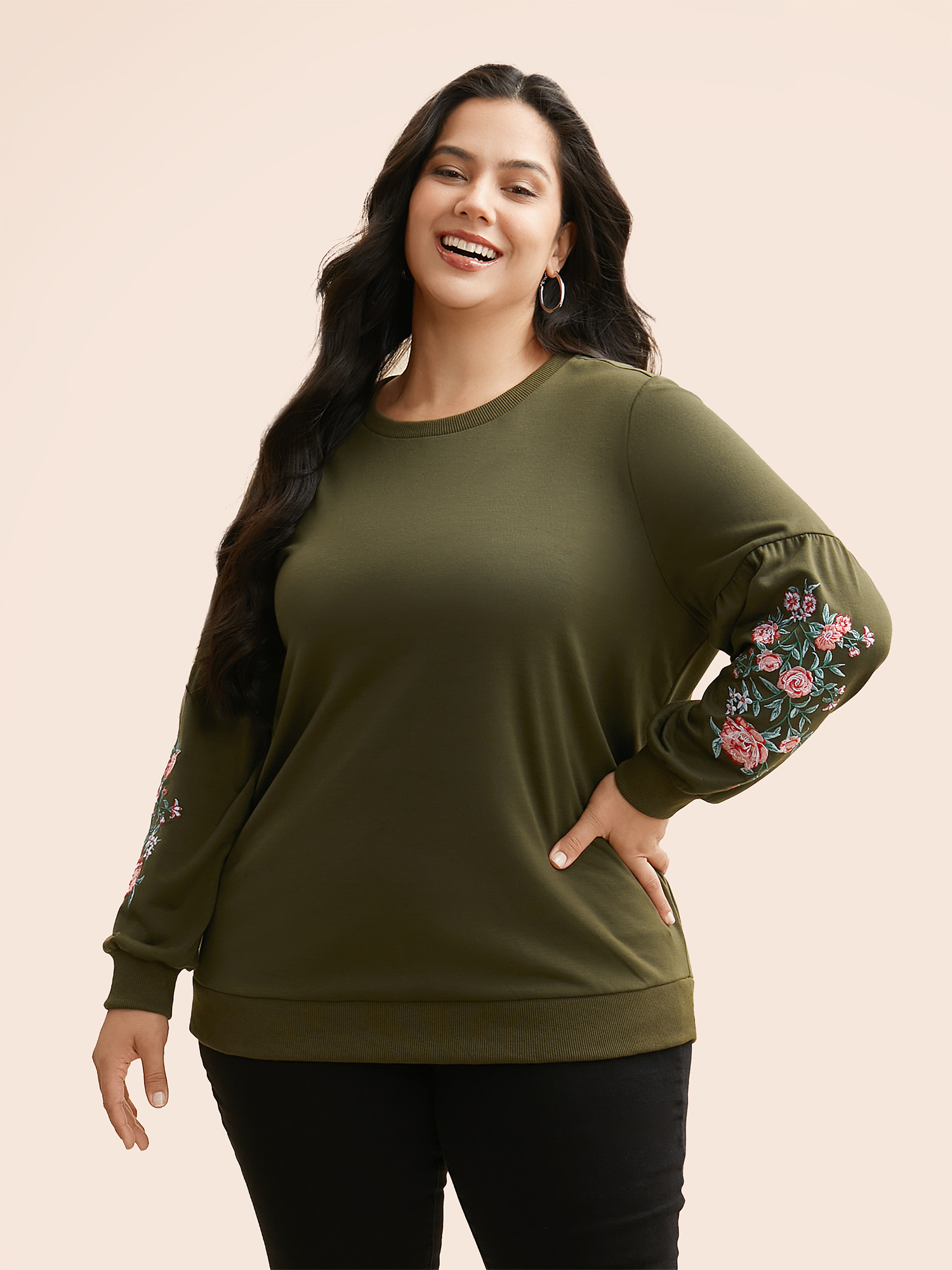 

Plus Size Floral Embroidered Crew Neck Gathered Sweatshirt Women ArmyGreen Casual Embroidered Round Neck Everyday Sweatshirts BloomChic