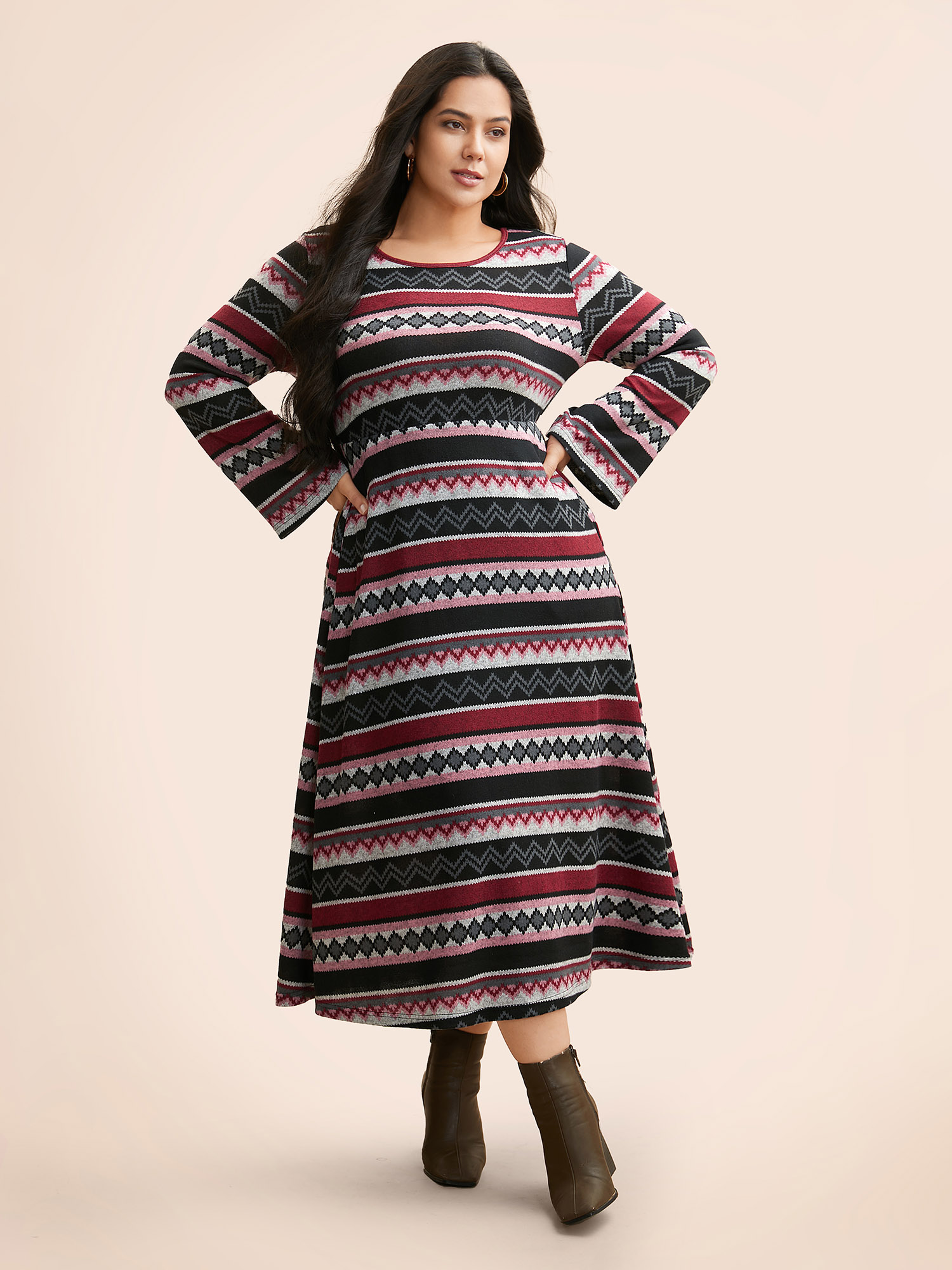 

Plus Size Geometric Striped Bell Sleeve Knit Dress Multicolor Women Resort Contrast Knit Dresses Bloomchic