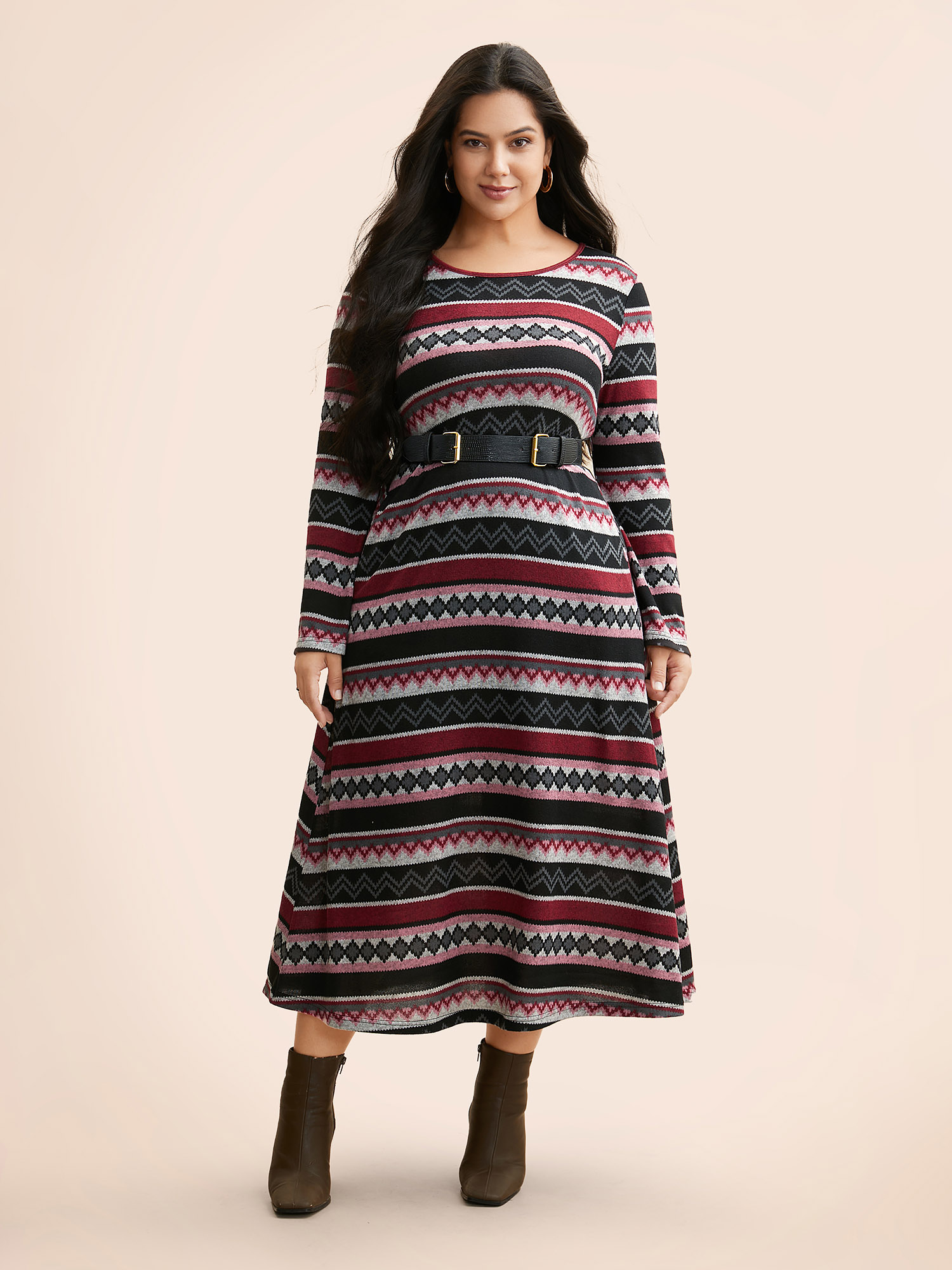 

Plus Size Geometric Striped Bell Sleeve Knit Dress Multicolor Women Resort Contrast Knit Dresses Bloomchic