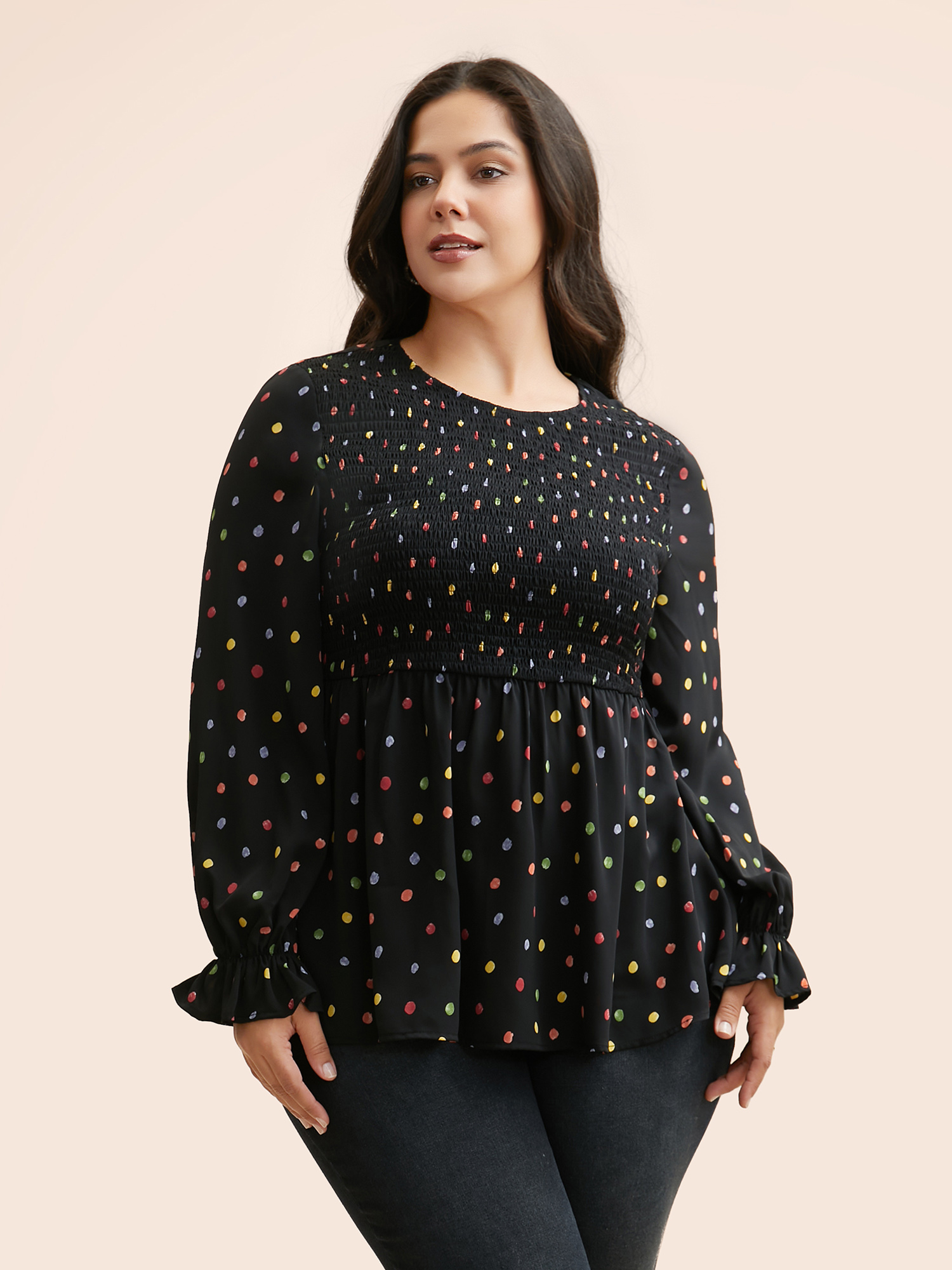 

Plus Size Black Color Polka Dot Shirred Lantern Sleeve Blouse Women Casual Long Sleeve Round Neck Everyday Blouses BloomChic