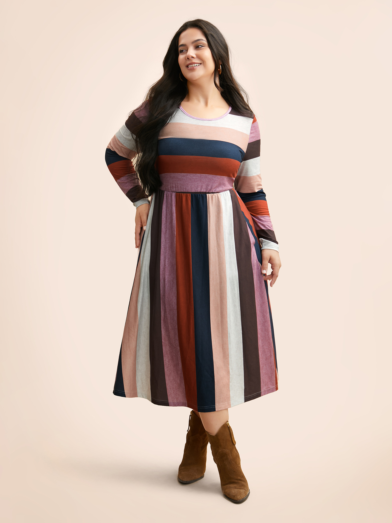 

Plus Size Striped Contrast Crew Neck Knit Dress Multicolor Women Casual Contrast Knit Dresses Bloomchic