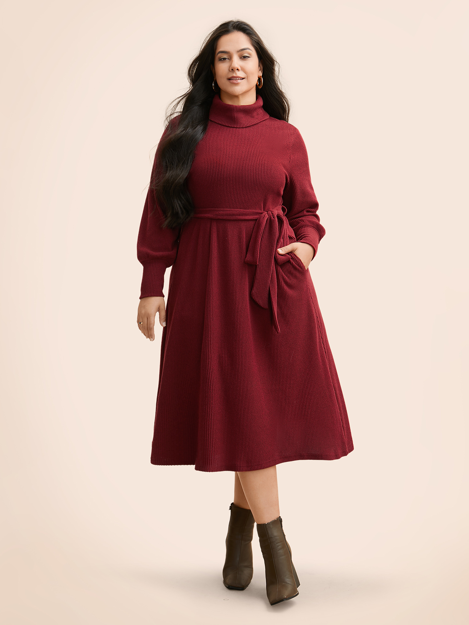 

Plus Size Turtleneck Belted High Stretch Knit Dress Burgundy Women Casual Texture Knit Dresses Bloomchic