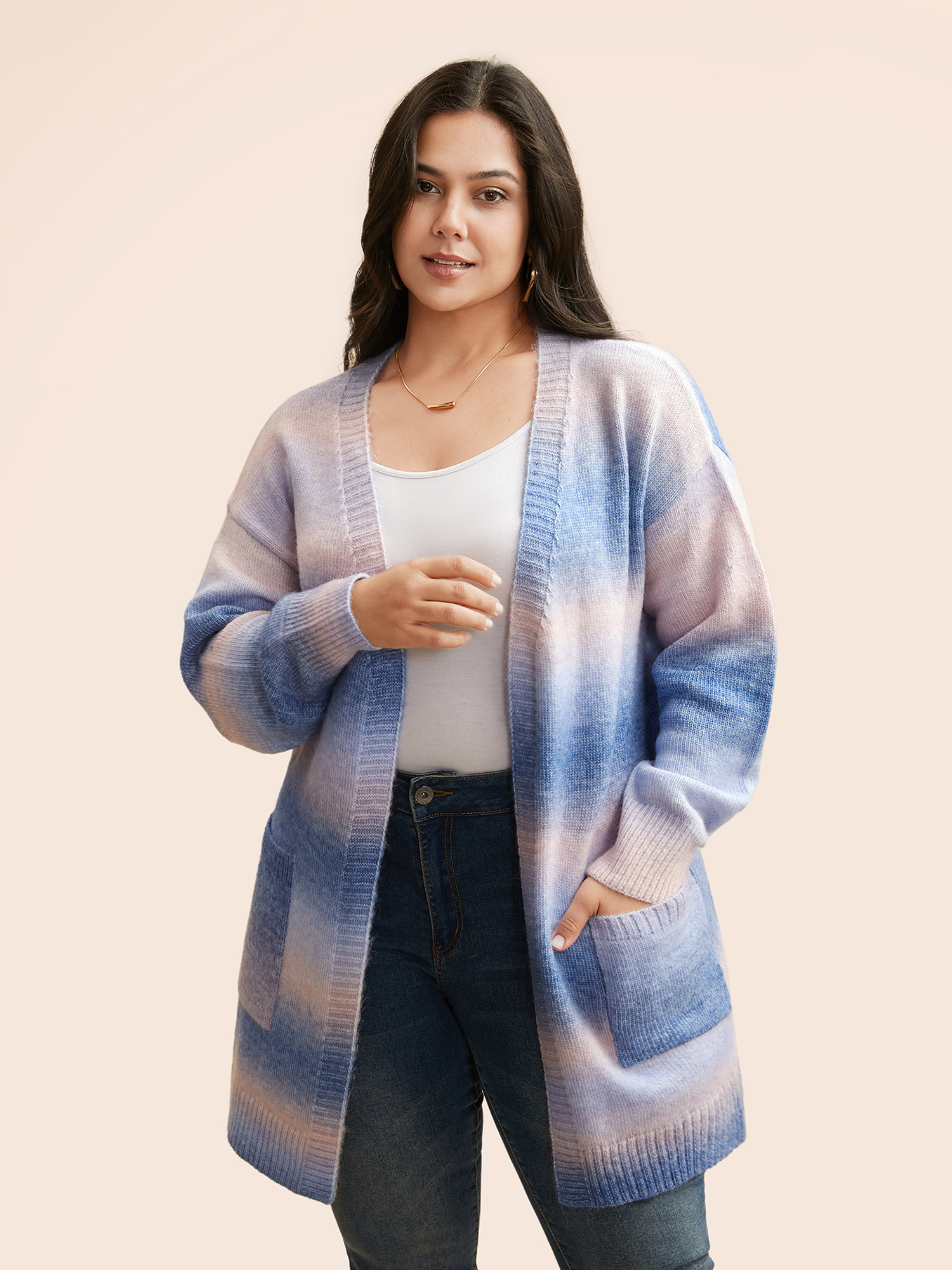 

Plus Size Ombre Kimono Collar Patched Pocket Cardigan Multicolor Women Casual Loose Long Sleeve Everyday Cardigans BloomChic