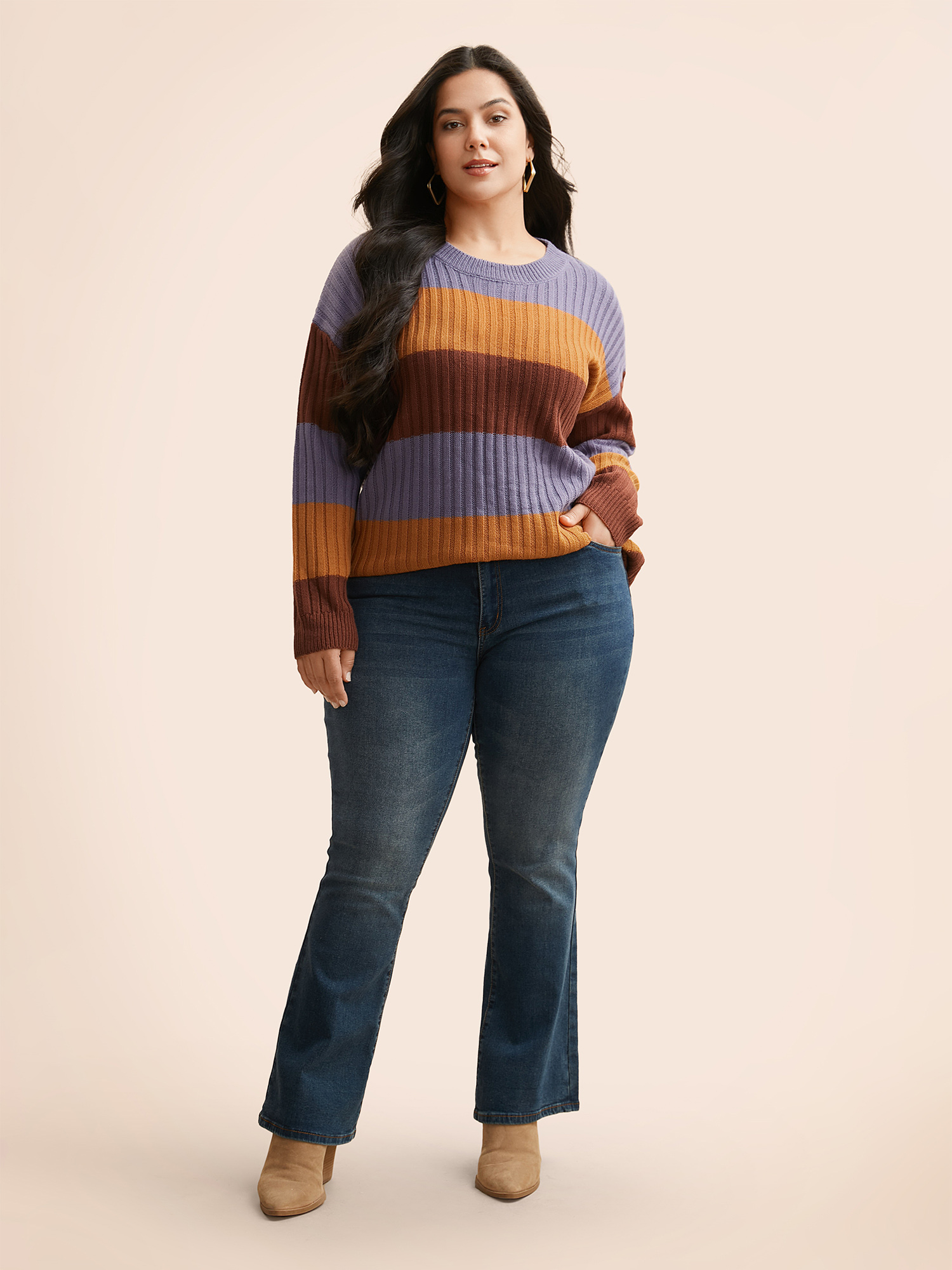 

Plus Size Colorblock Contrast Split Hem Pullover Browncoffeecolor Women Casual Loose Long Sleeve Round Neck Everyday Pullovers BloomChic